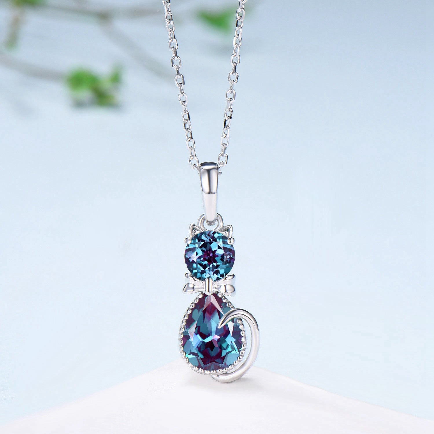 Elegant Alexandrite Cat Necklace - Sterling Silver & White Gold Bow Knot Pendant with Personalized Cat's Paw Charm | Unique Anniversary Gift for Daughter, Wife, or Cat Lover | Perfect for Birthdays, Valentine's Day & Special Occasions
