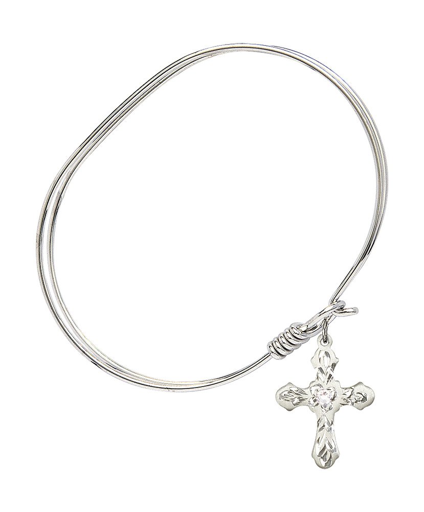 7 Inch Oval Eye Hook Bangle Bracelet with Cross Charm & April Birthstone Crystal - Elegant Jewelry for Women, Gift for Birthday, Anniversary & Special Occasions