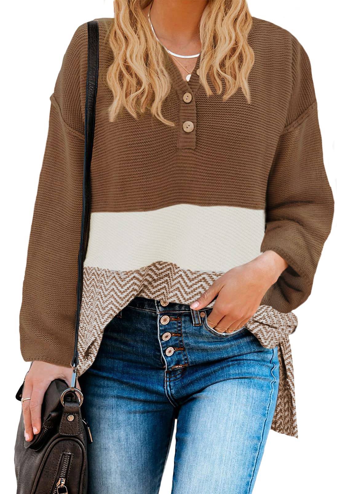 SHEWIN Women's Waffle Knit V-Neck Sweater - Casual Long Sleeve Button Henley Pullover Top with Side Slits | Perfect for Fall Outfits, Office Wear & Coffee Dates