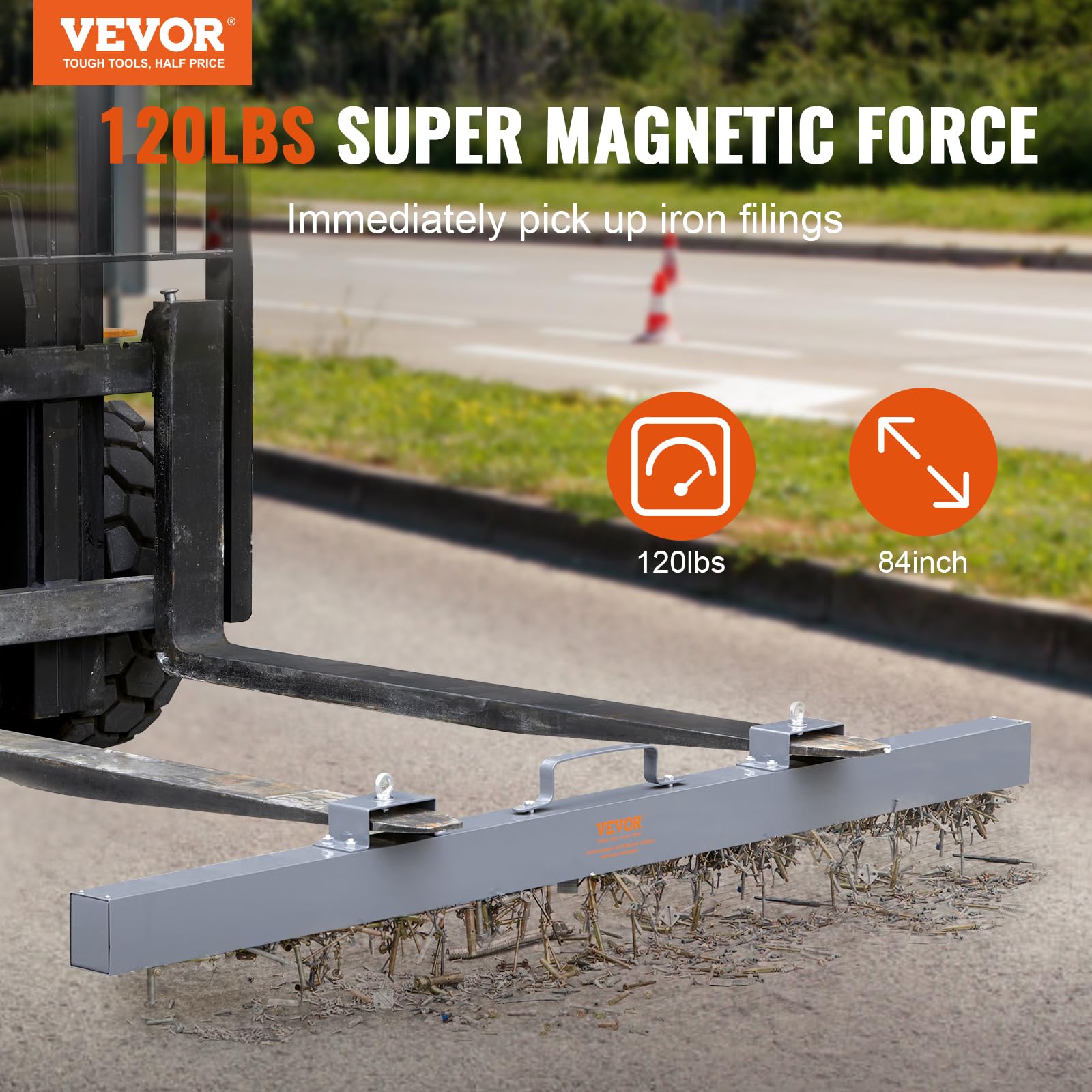 Mophorn 84 Inch Magnetic Sweeper - 100 LBS Capacity Heavy Duty Hanging Magnet for Forklifts | Industrial Strength Steel Magnet for Collecting Nails, Bolts & Metal Debris | Perfect for Construction Sites, Warehouses & Metal Workshops