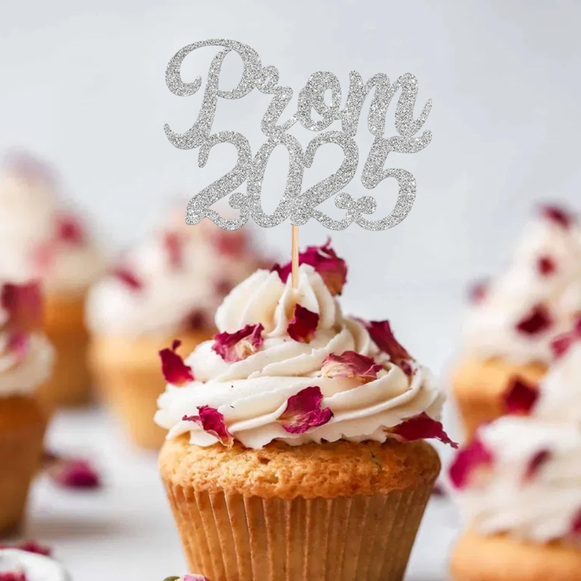 24 Pack Silver Glitter Prom 2025 Cupcake Toppers - Graduation Cake Decorations for Class of 2025, College Graduation & Prom Party Supplies - Perfect for Dessert Tables, Graduation Celebrations and Prom Night Decor