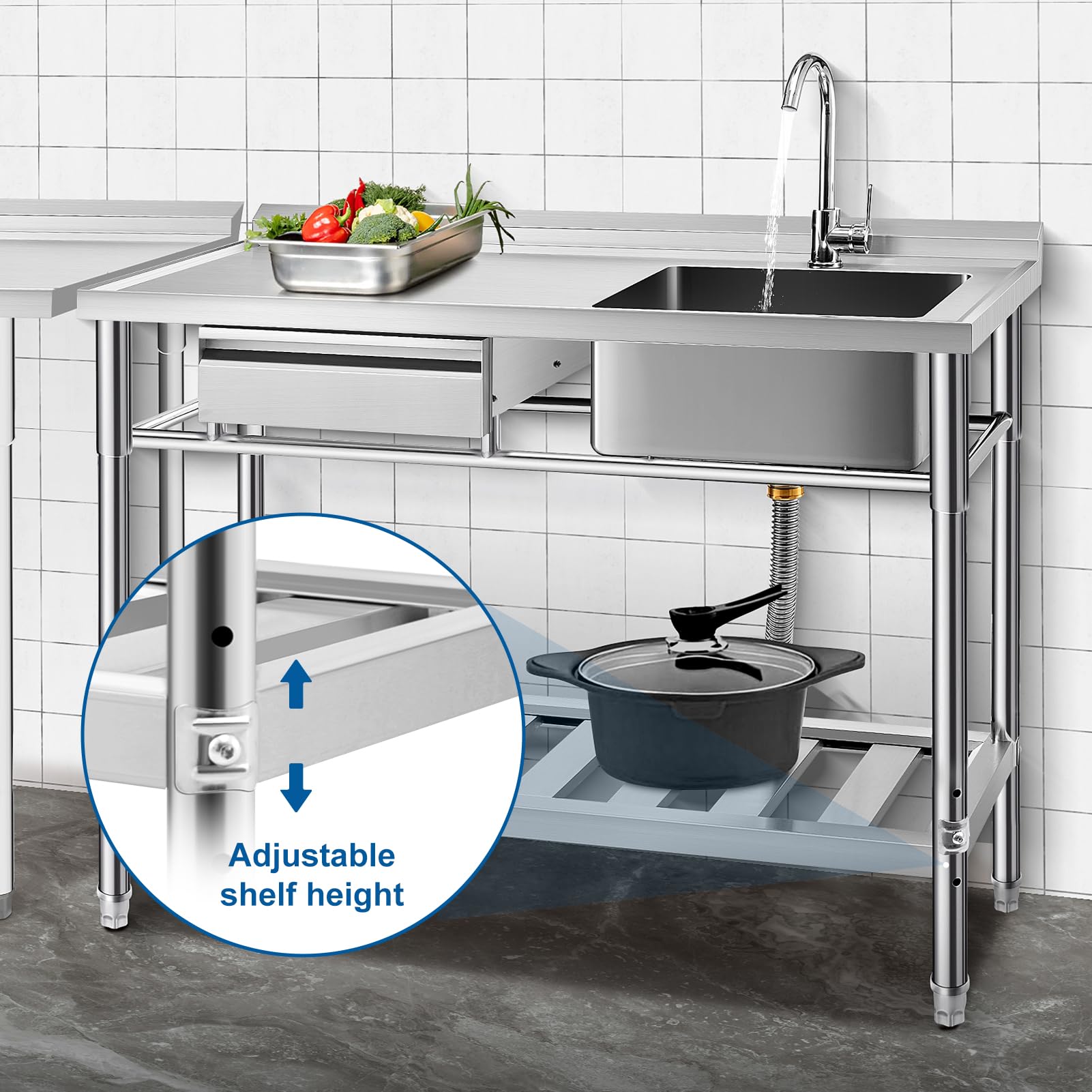 YORKING 47-inch Stainless Steel Utility Sink - Commercial Grade Single Bowl Kitchen Sink with Storage Drawer | Hot & Cold Water Pipes | Indoor & Outdoor Use for Restaurants, Food Trucks, Garages & Home Kitchens