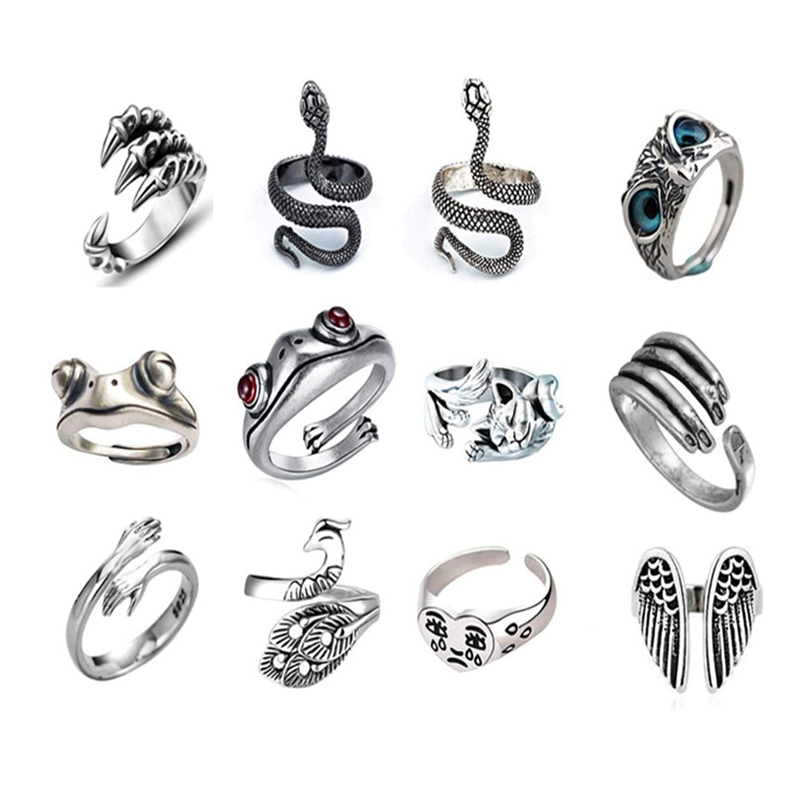 9/12 Pcs Silver Plated Frog Rings Set - Cute Animal Open Rings Pack for Women & Men | Vintage Gothic Punk Style with Claw, Snake, Hug, Cat & Lucky Face Designs | Perfect Couple Rings, Egirl Gift Idea for Birthday, Valentine's Day & Punk Fashion Accessories
