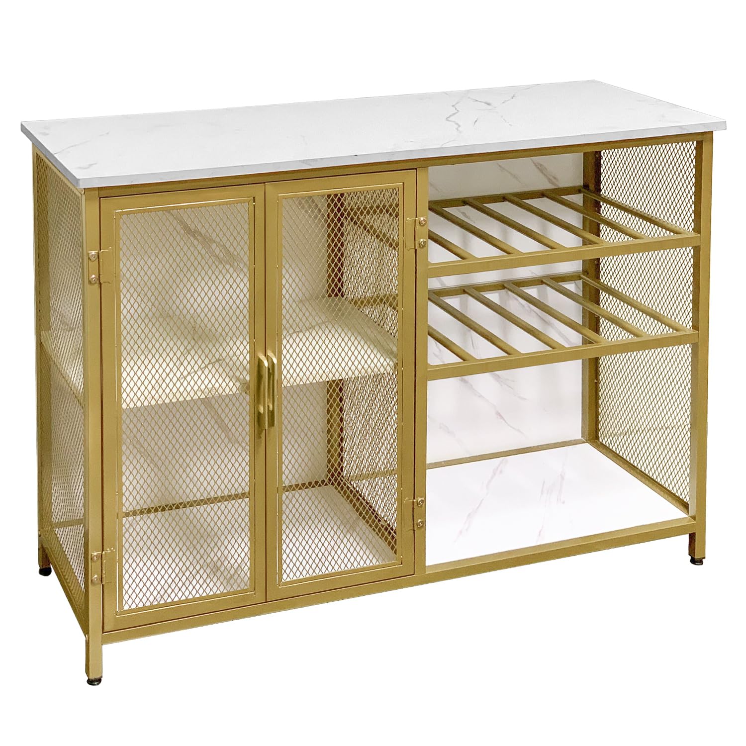AT-VALY Bar Cabinet with Wine Rack & Glass Holder - Small Buffet Sideboard with Mesh Doors, Gold Finish - Perfect for Home Bar, Dining Room & Kitchen Storage
