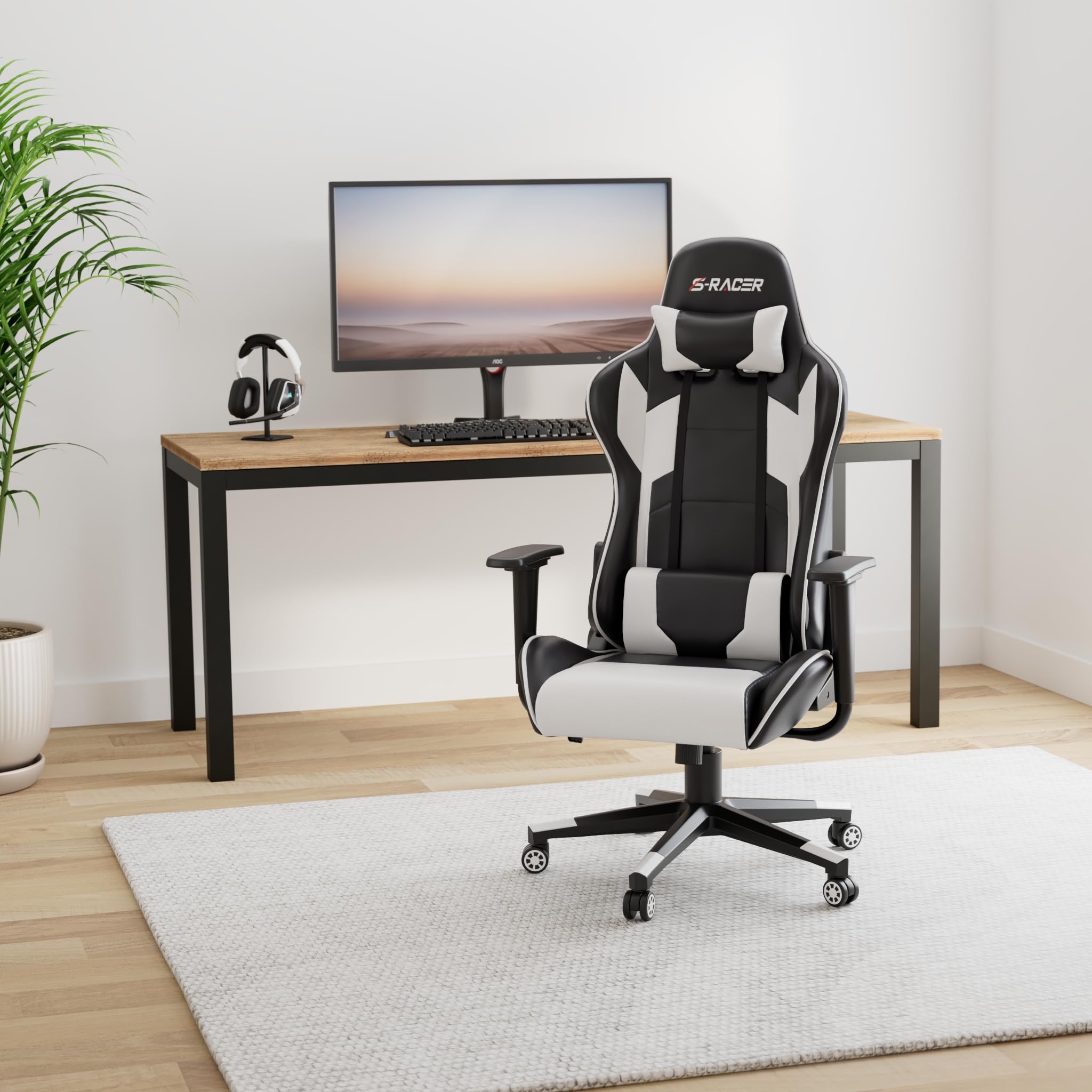 Furniwell Ergonomic Gaming Chair - High Back PU Leather Office Chair with Adjustable Headrest & Lumbar Support, Swivel Computer Desk Chair for Home & Office Use (White) - Perfect for Gaming, Working & Studying