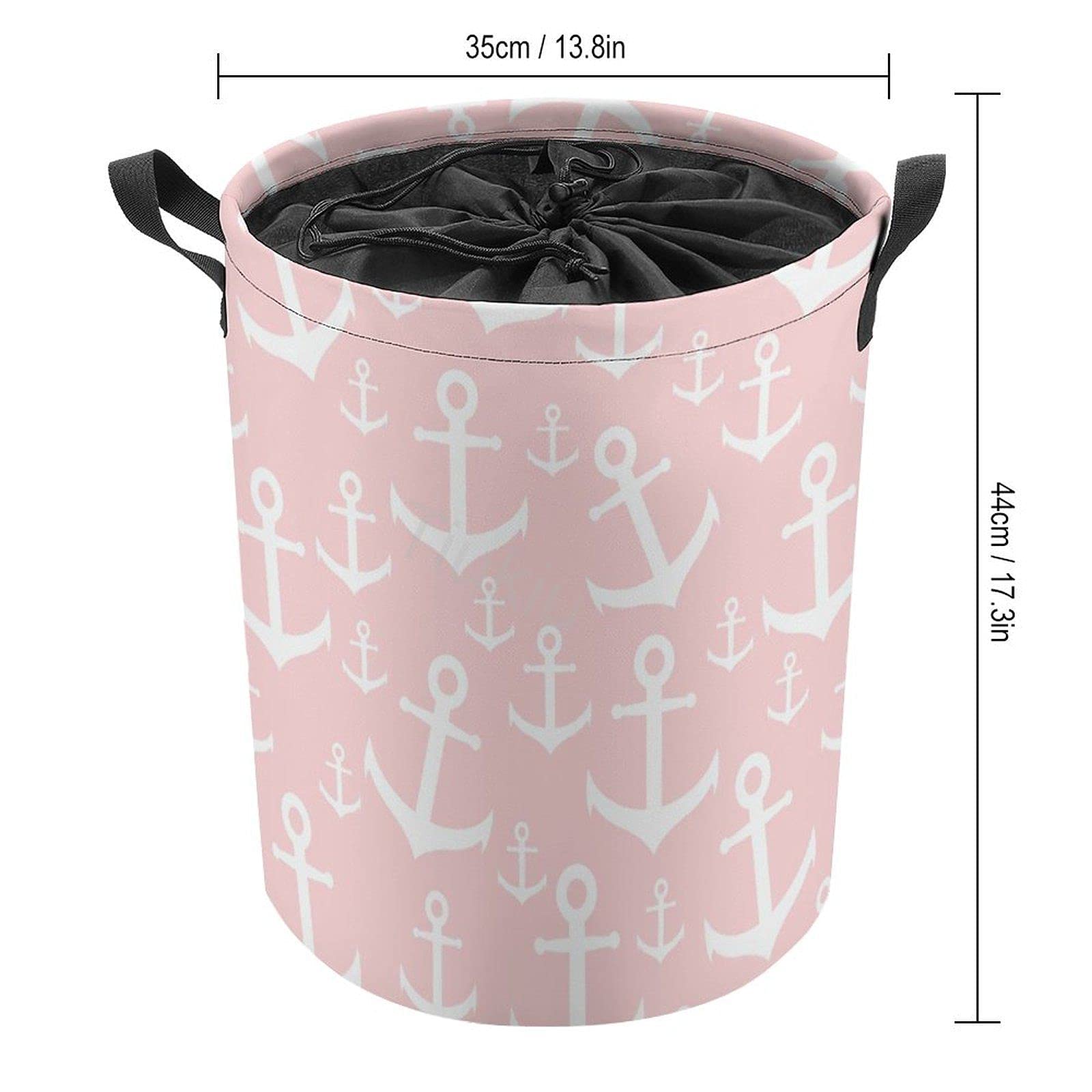 Collapsible Nautical Laundry Basket with Handle - Pink & White Anchor Design for Bedroom, Nursery, Kids