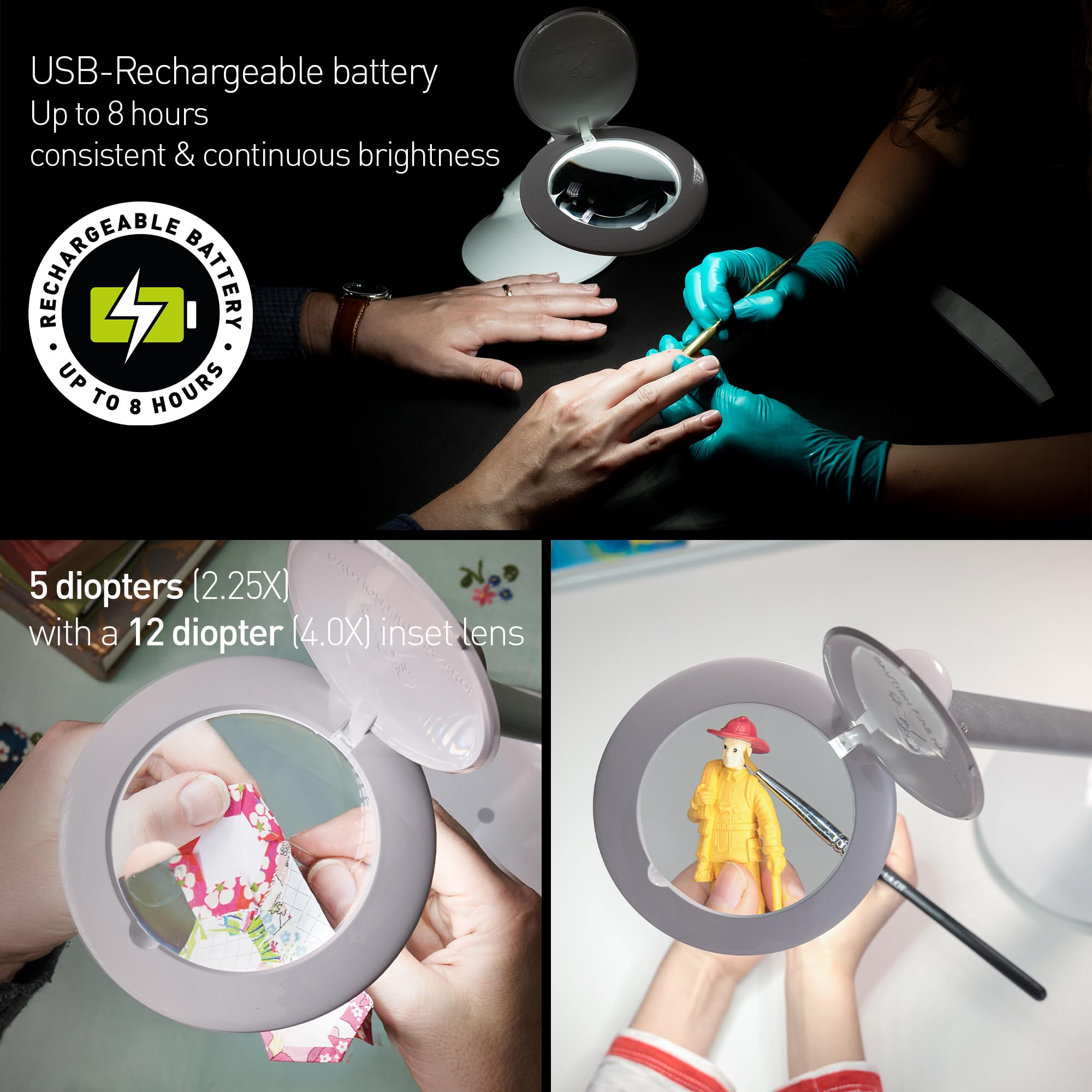 Halo Go Rechargeable USB Magnifier Lamp - 6000K Daylight White, Portable & Lightweight Desk Light for Reading, Sewing, Crafts, Nail Art | Perfect for Home Office, Hobbyists & Salon Professionals