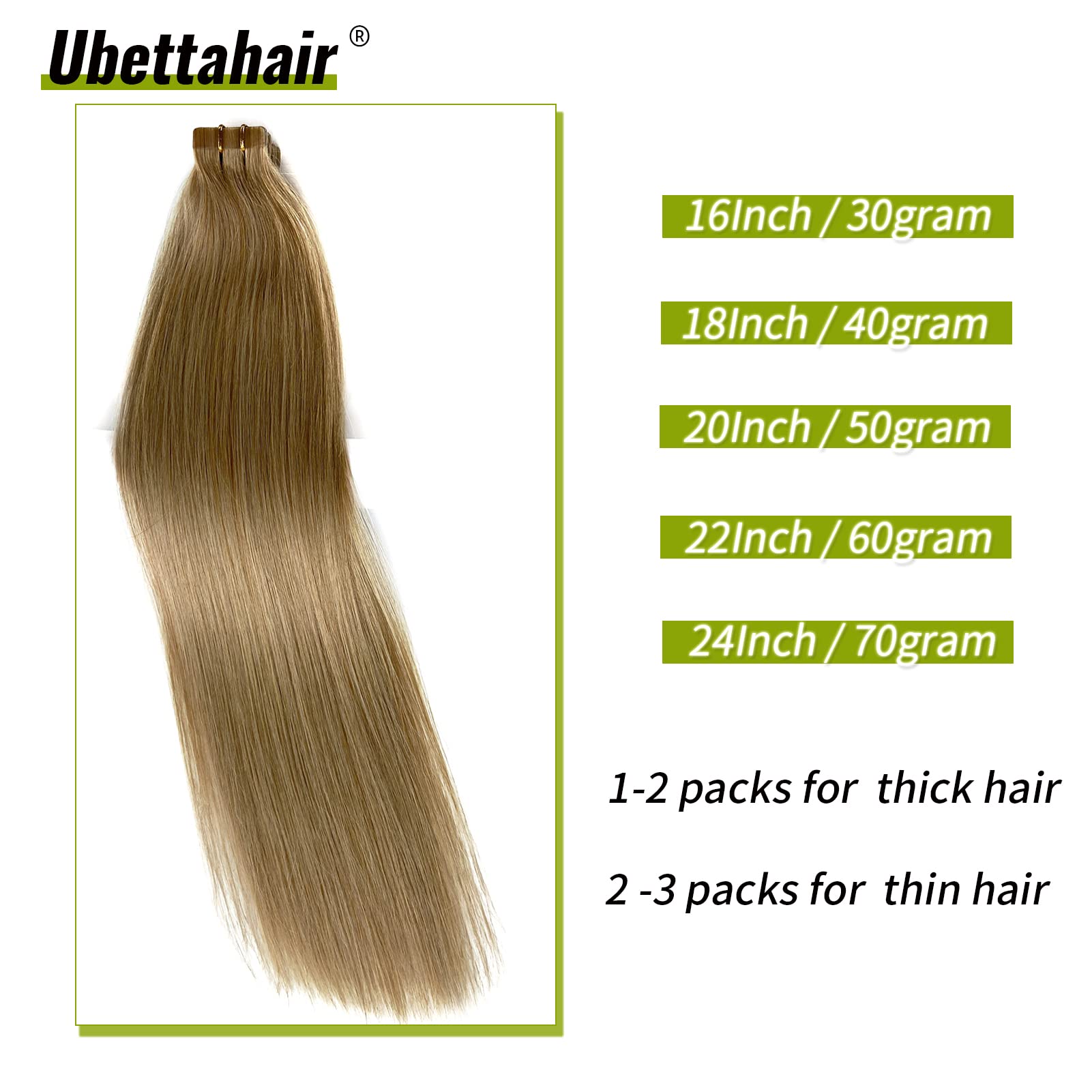 Ubetta Tape in Hair Extensions 20 Inch - 20 Pieces Real Human Hair, Seamless Skin Weft with Double Sided Adhesive - Invisible Golden Blonde Colored Hair Extensions 50g for Women - Perfect for Volume, Length & Styling for Parties, Weddings & Daily Wear