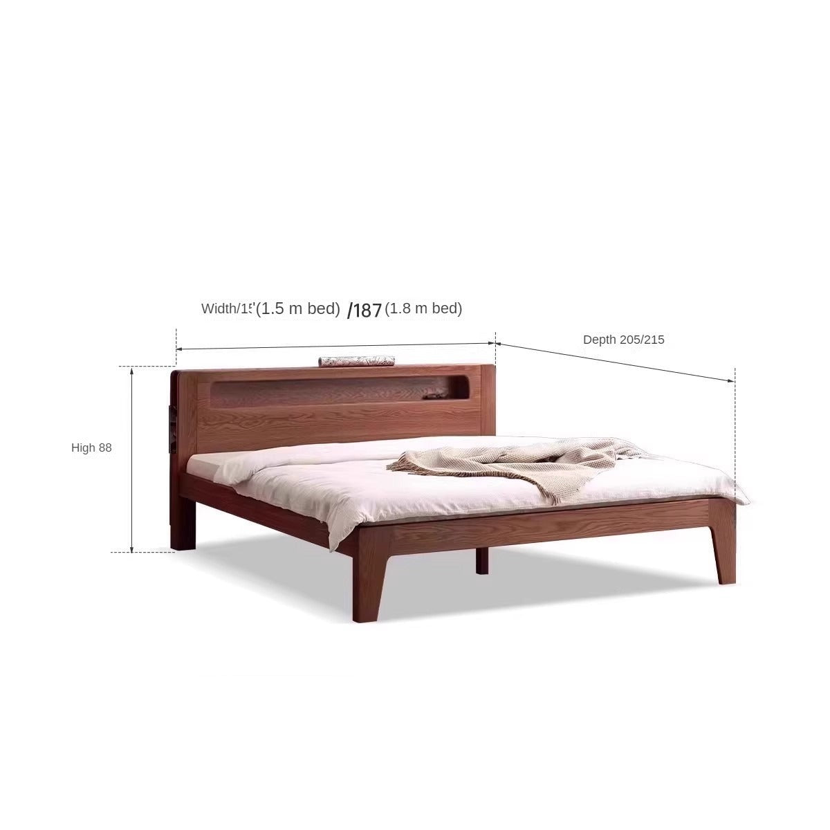 Solid Oak and Beech Wood Bed with Built-in LED Lights and Bookshelf - Modern Bedroom Furniture for Small Spaces, Lofts, and Studio Apartments