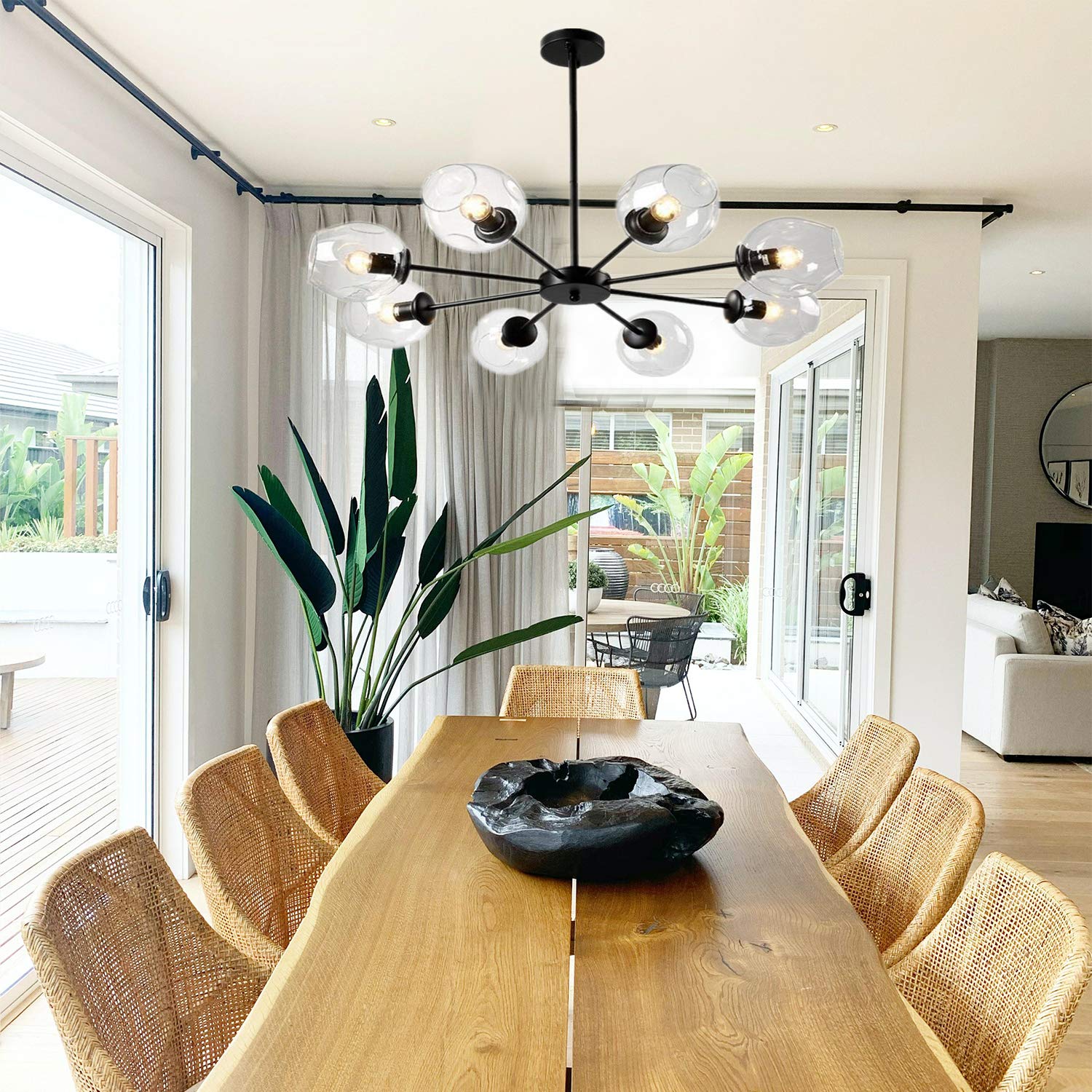 Modern 8-Light Black Glass Chandelier with Clear Lampshades - E26 Ceiling Pendant Lighting Fixture for Living Room, Dining Room & Bedroom Decor (Black Metal Frame + Crystal Glass Shades) - Perfect for Home, Restaurant and Hotel Lighting