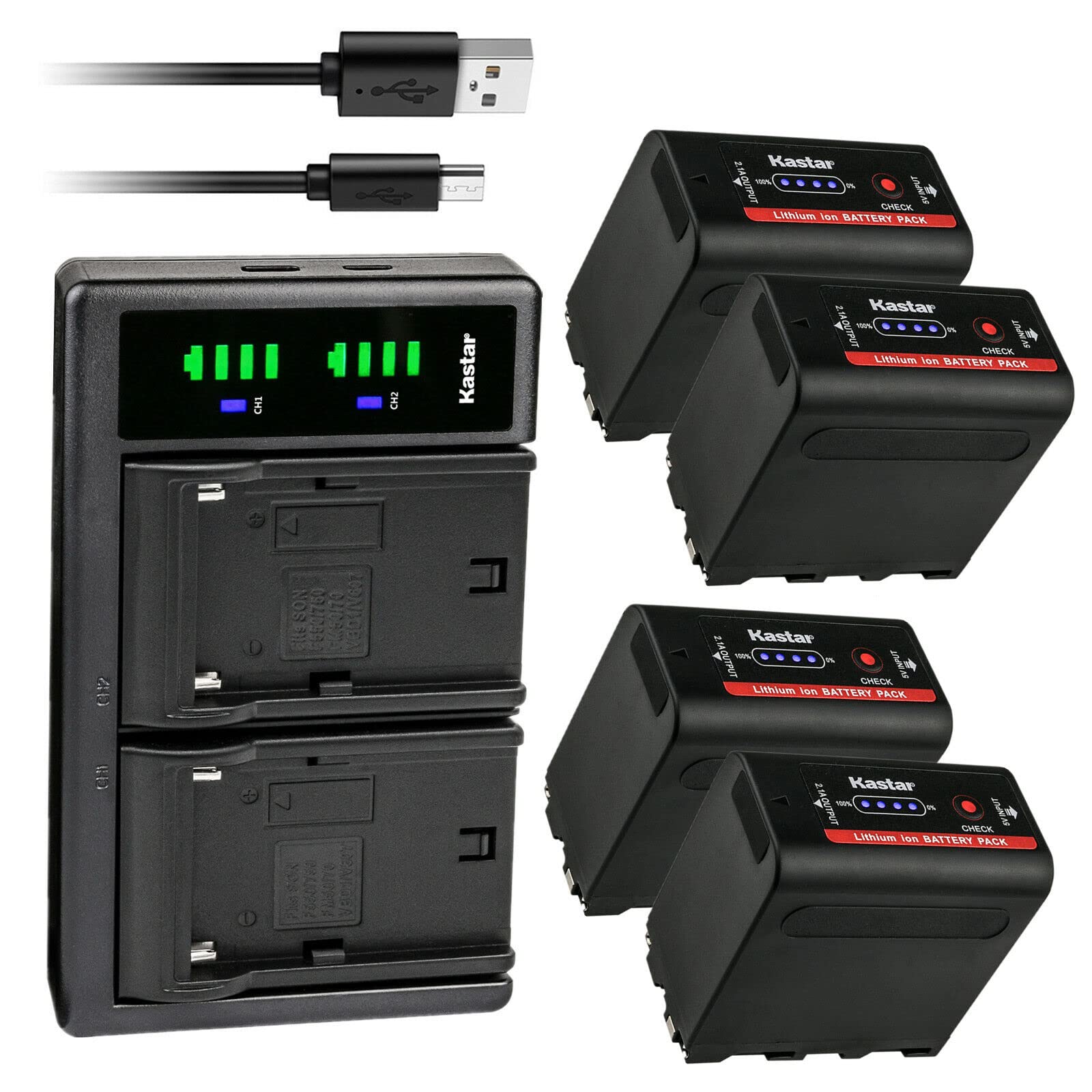 Kastar 4-Pack NP-F980EXP Replacement Battery with LTD2 USB Charger - Compatible with Sony CN-126/CN-160/CN-216/CN-304, VL600, YN300, GVM LED480/520/672/896 Video Lights - Perfect for Photography, Videography & Studio Lighting