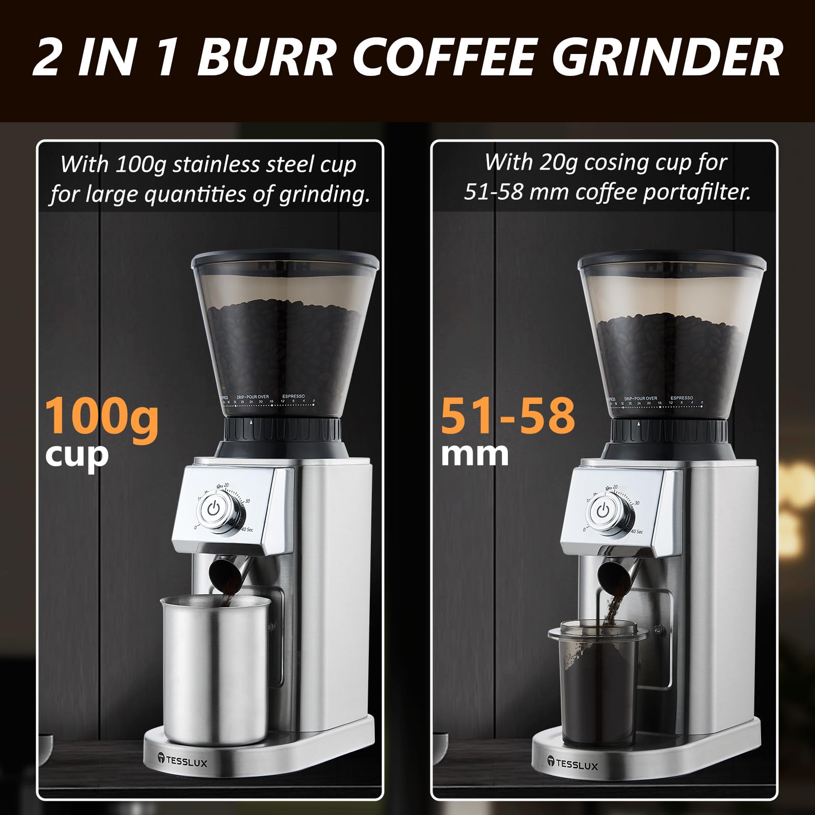 Premium Electric Conical Burr Coffee Grinder for Espresso & Drip Coffee - 48 Precise Grind Settings, Anti-Static Design, Precision Timer - Perfect for Home Baristas & Coffee Enthusiasts (Silver) | Ideal for Freshly Ground Coffee at Home, Office, or Café Use