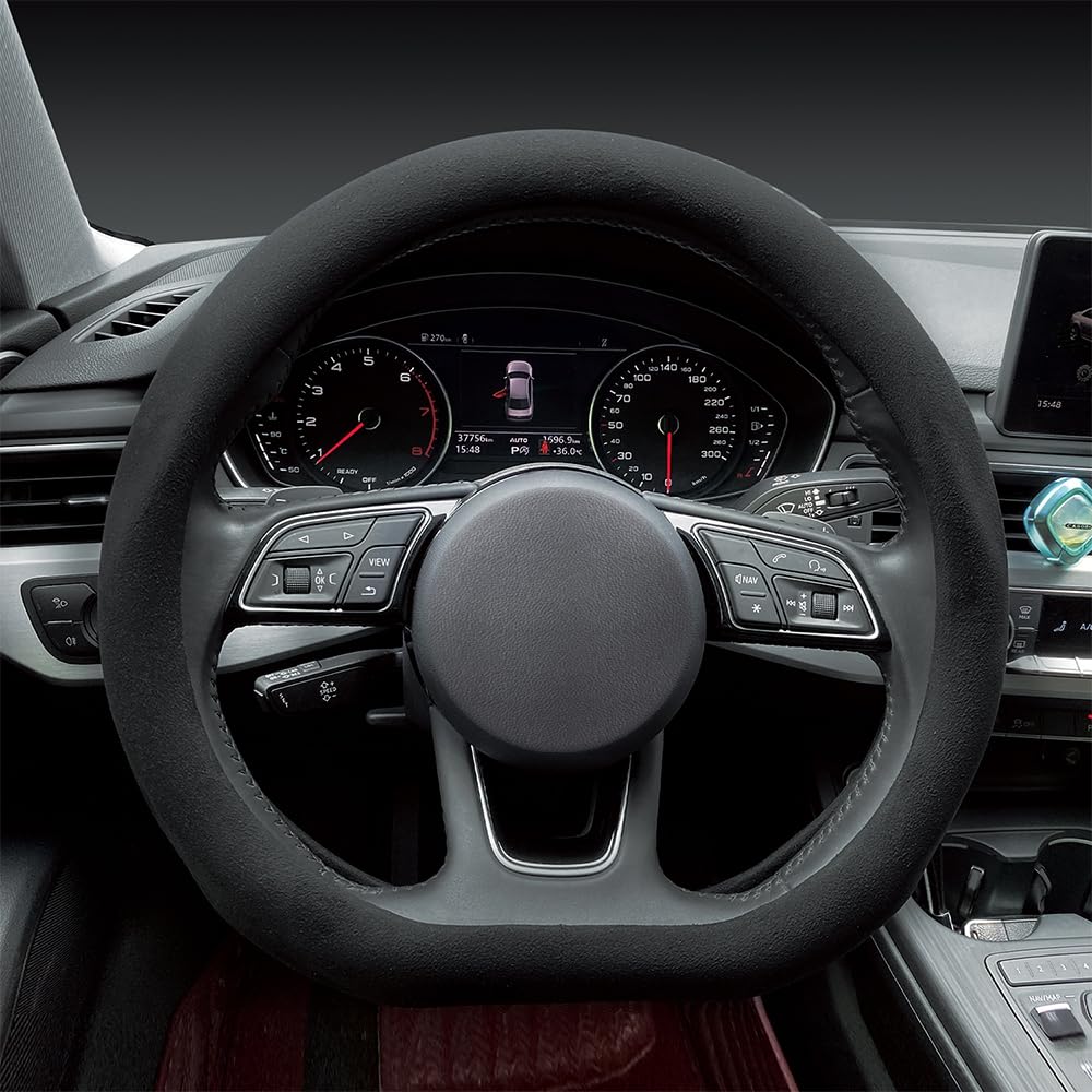 Premium Carodi Suede Steering Wheel Cover - Non-Slip Leather Grip, Universal 15-inch Fit (D-Shape, Black) for Enhanced Driving Comfort & Style | Perfect for Daily Commutes, Road Trips & Luxury Car Interiors