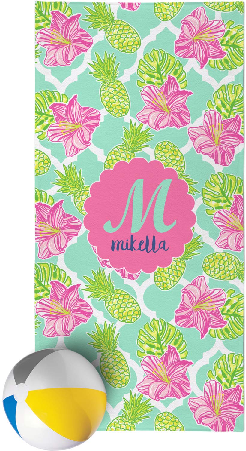 Custom Personalized Preppy Hibiscus Beach Towel - Monogrammed Summer Pool Towel for Women & Men - Perfect for Beach, Pool, Vacation & Outdoor Activities