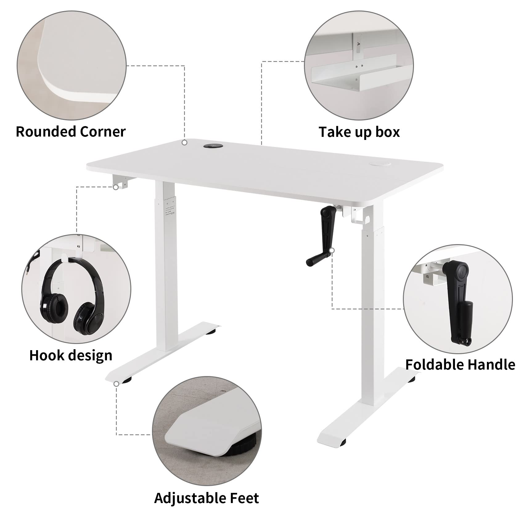 UNICOO Adjustable Height Standing Desk with USB & Wireless Charger - Electric Crank Game & Computer Table for Home Office (White, M2) - Perfect for Gaming, Work & Study