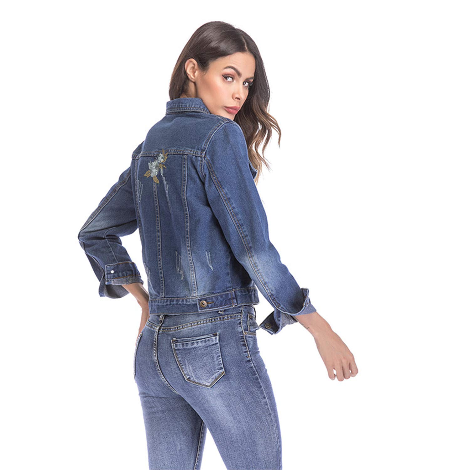 Andongnywell Women's Embroidered Floral Denim Jacket - Stylish Casual Jean Jacket for Spring & Fall | Perfect for Outdoor Activities, Dating & Street Fashion
