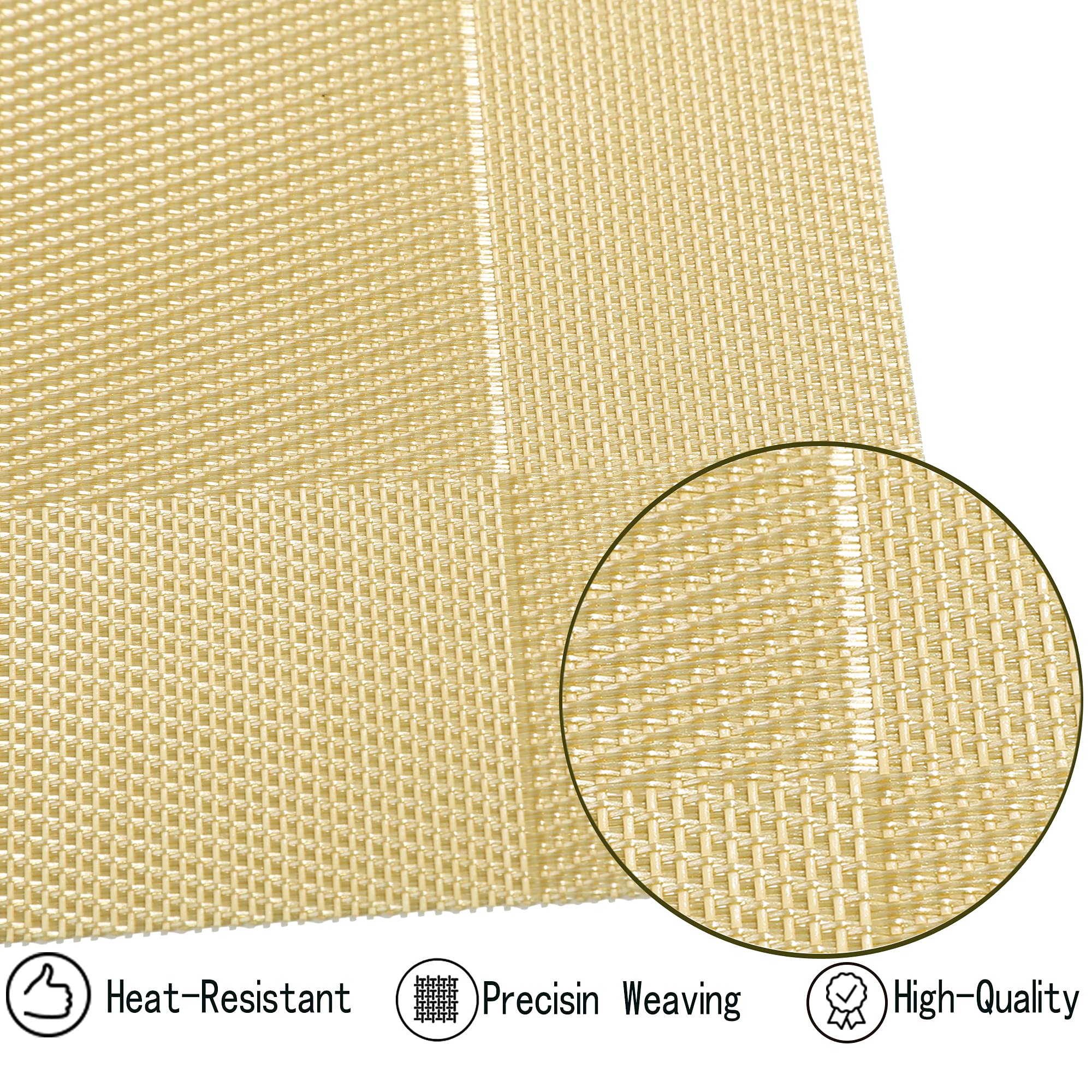 Jeloris Set of 6 Non-Slip PVC Heat Resistant Woven Placemats - Gold Table Mats for Dining, Kitchen & Party - Easy to Clean & Washable Placemat Set for Everyday Use