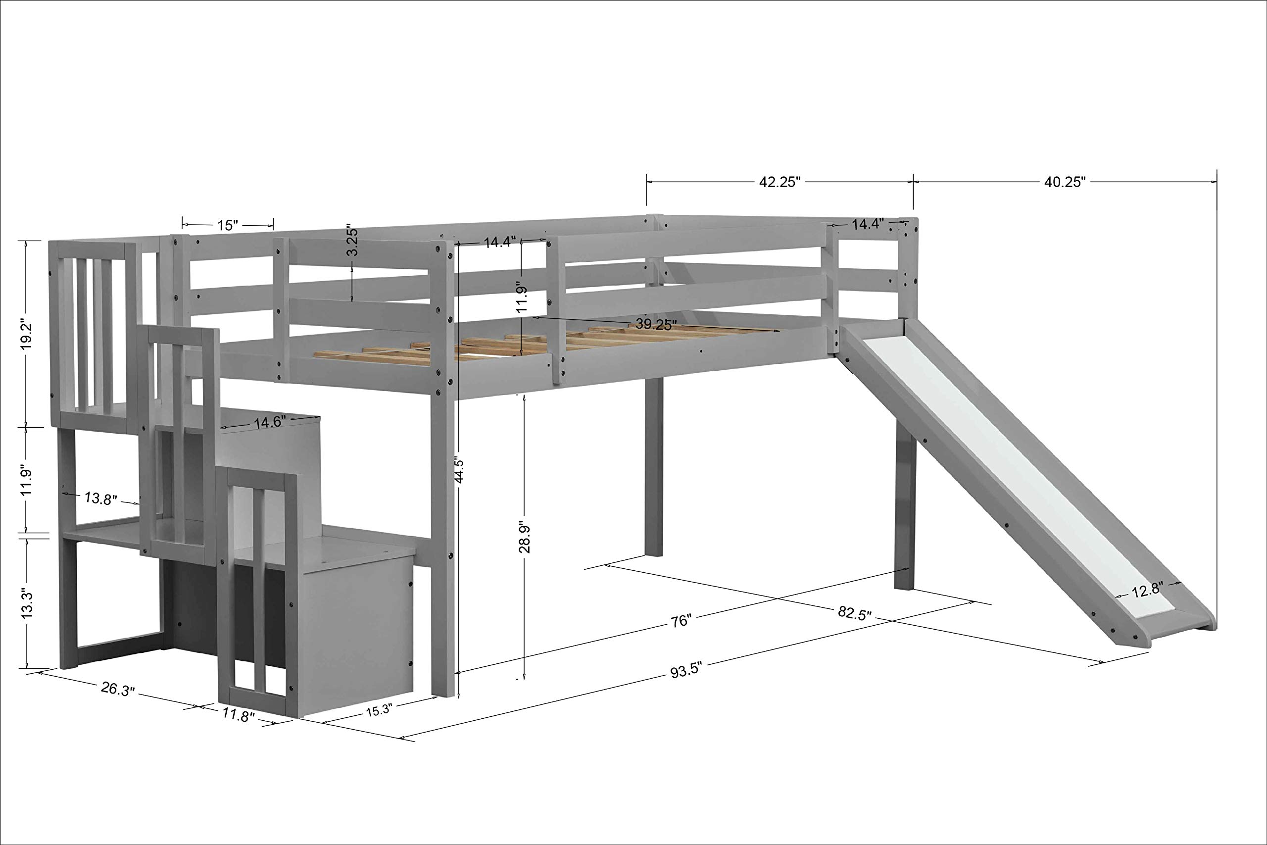 Merax Solid Wood Twin Size Low Loft Bed with Adjustable Slide & Staircase - Grey | Space-Saving Kids & Teens Bedroom Furniture | No Box Spring Needed | Perfect for Small Rooms, Dormitories & Apartments