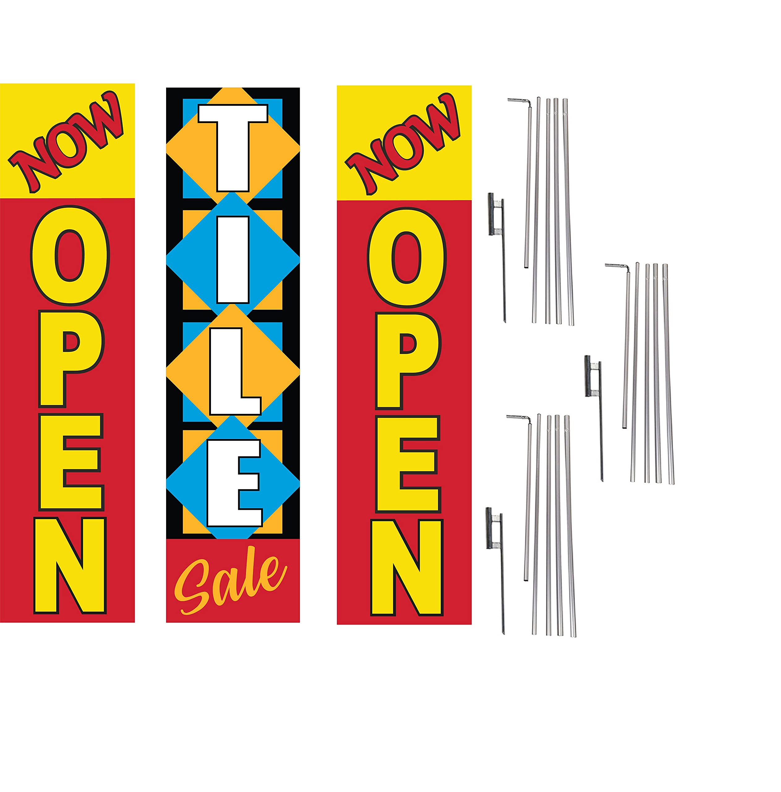 Now Open Tile Sale Advertising Rectangle Boomer Feather Flags Complete Kits - 3 Flag Poles & 3 Ground Spikes for Outdoor Events, Grand Openings & Business Promotions