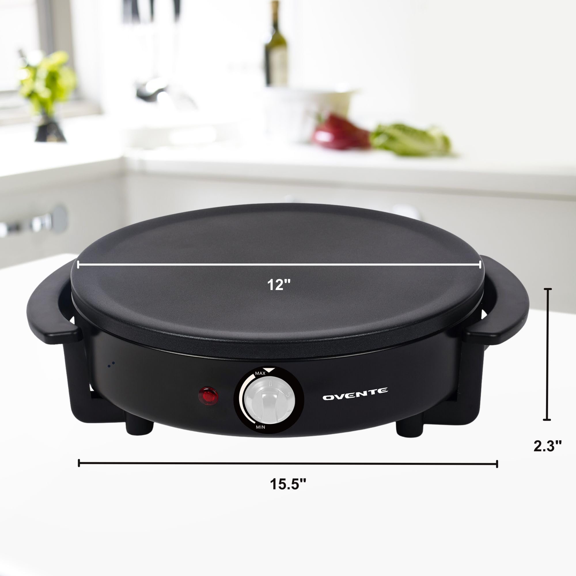 OVENTE 12-Inch Nonstick Electric Crepe Maker & Pancake Griddle with Adjustable Temperature Control, LED Indicator - Perfect for Breakfast, Brunch & Dessert Making at Home - Includes Wooden Spatula & Batter Spreader (Black, Model CRM1122B)