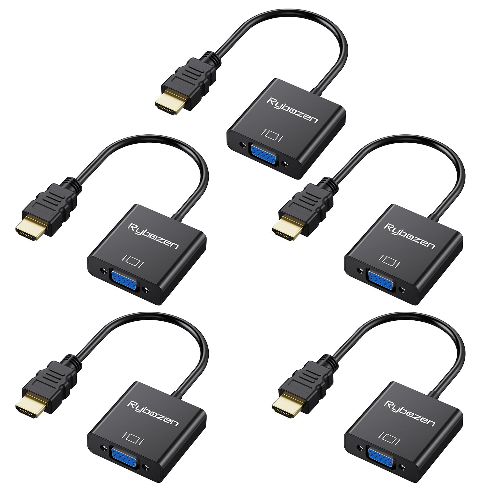 5-Pack Gold-Plated HDMI to VGA Adapter Converter (Male to Female) - Compatible with Computer, Laptop, Monitor, Projector, HDTV, Chromebook, Raspberry Pi, Roku & Xbox - Ideal for Home Office, Gaming & Presentations