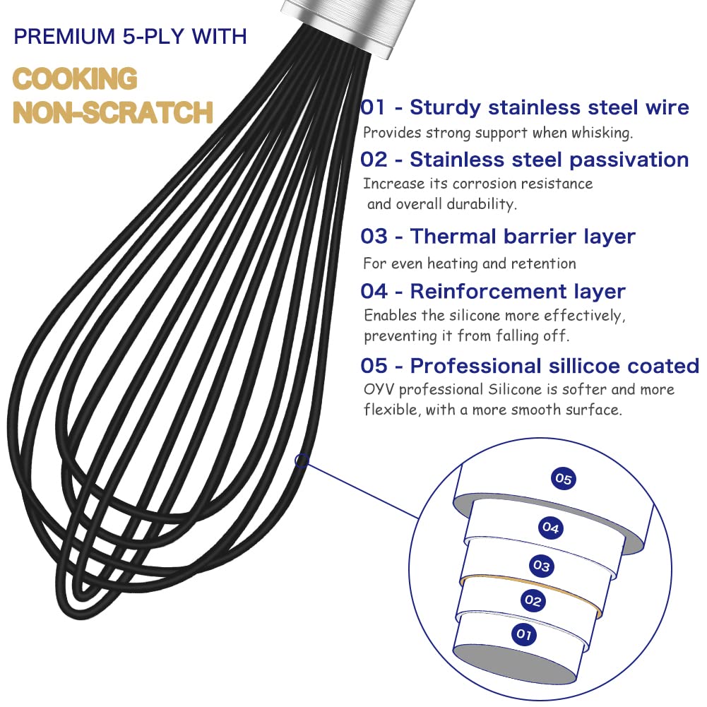 3-Pack Professional Silicone Whisks for Cooking - Non-Scratch Stainless Steel & Silicone Whisk Set - Safe for Nonstick Cookware - Perfect for Baking, Mixing Sauces, and Whipping Cream (Black)