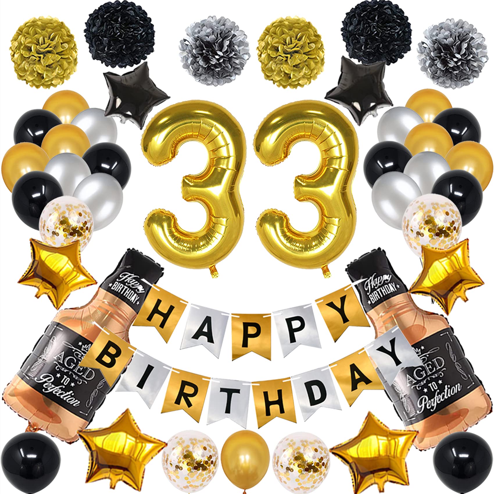 33rd Birthday Party Decorations Set - Gold & Black Theme for Men & Women - Includes 33 Gold Number Balloons & Happy Birthday Banner | Perfect for Milestone Birthday Celebrations, Adult Parties & Anniversary Decor