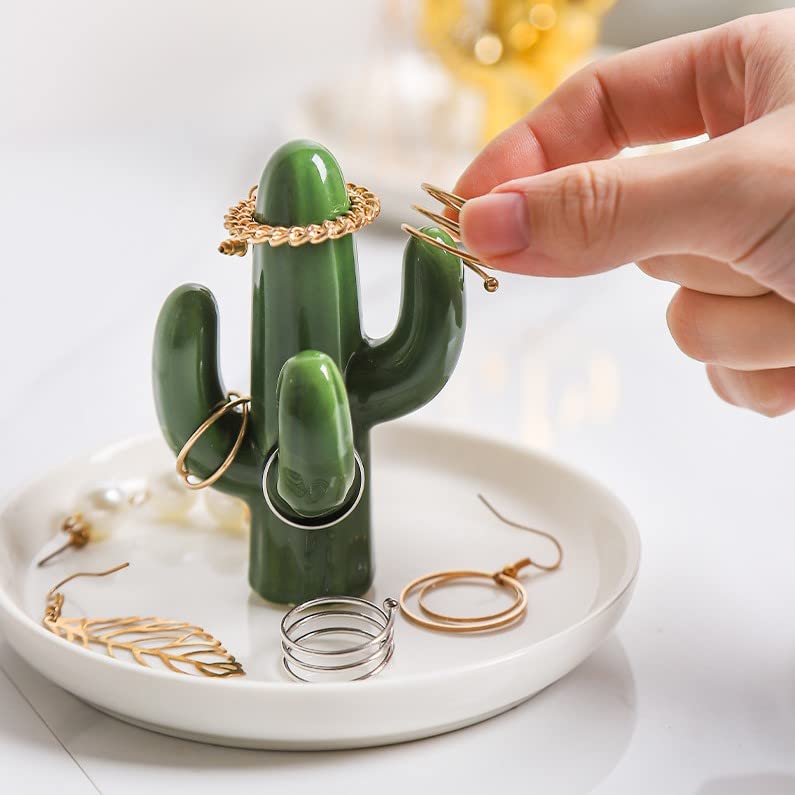 Elsjoy Set of 2 Aloe and Cactus Ceramic Jewelry Dish - Ring Holder Bracelet Earrings Necklace Organizer Tray - Decorative Succulent Trinket Dish for Wedding Birthday Gifts - Perfect for Bathroom Vanity, Bedroom Dresser, and Home Decor