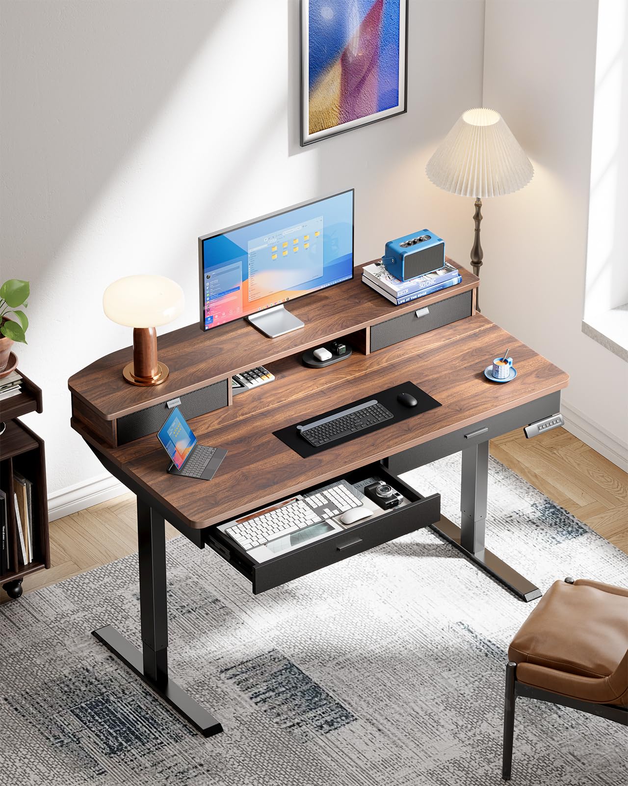 HUANUO 48 x 30 Inch Electric Standing Desk with 4 Drawers - Adjustable Height Sit Stand Home Office Desk with Two Tiers & Monitor Stand - Ergonomic Walnut Computer Workstation for Home & Office Use