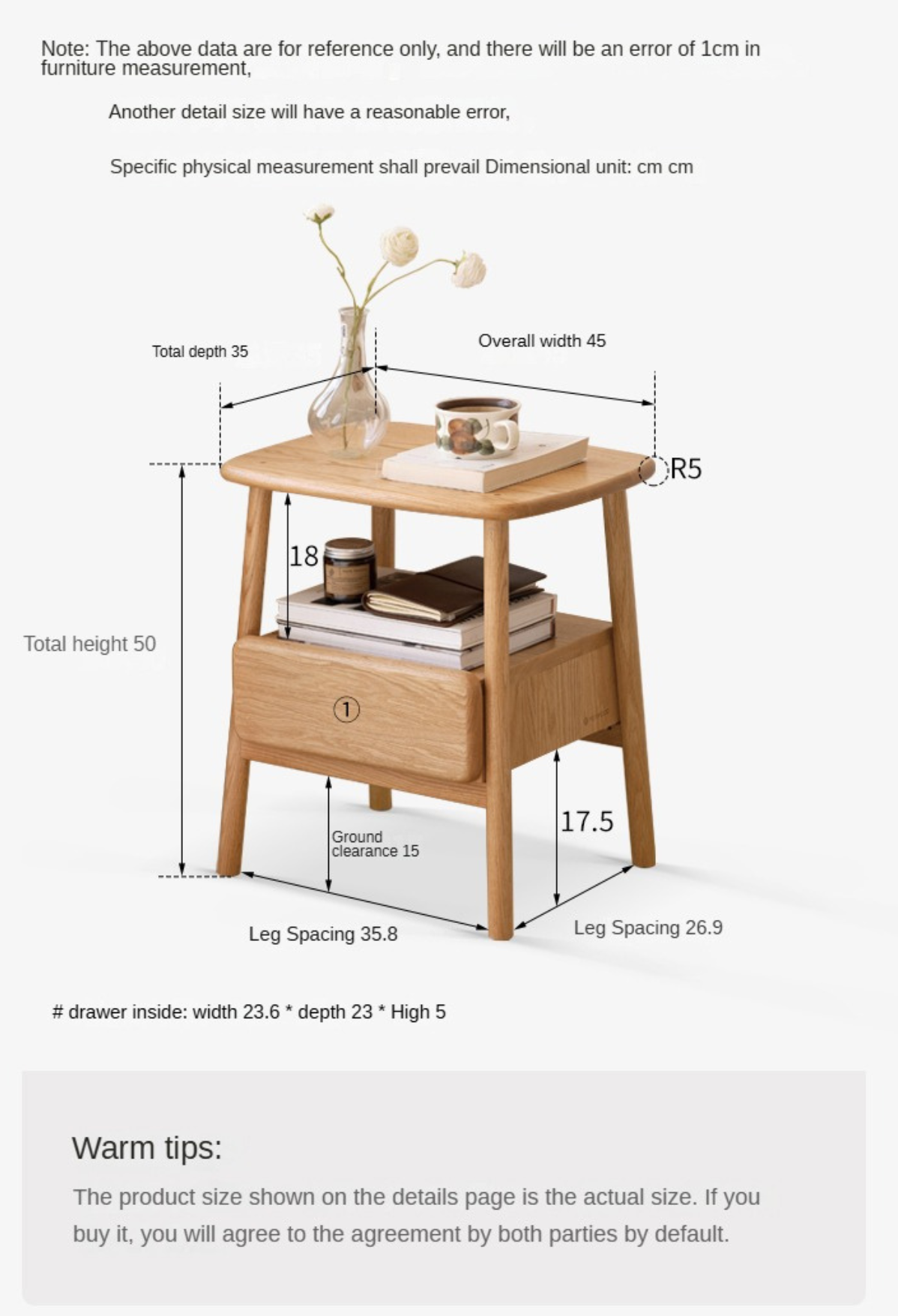 Solid Oak Wood Nightstand with Drawer - Modern Bedside Table for Small Spaces - Perfect for Bedrooms, Living Rooms, and Dorm Rooms