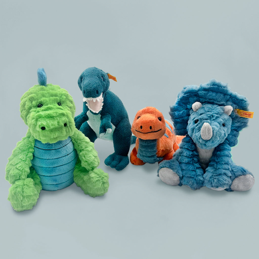 Steiff Dixi Triceratops Dinosaur Plush Toy with Floss & Rock Magic Color-In Cards - Perfect for Kids' Playtime, Gifts, and Dinosaur-Themed Parties