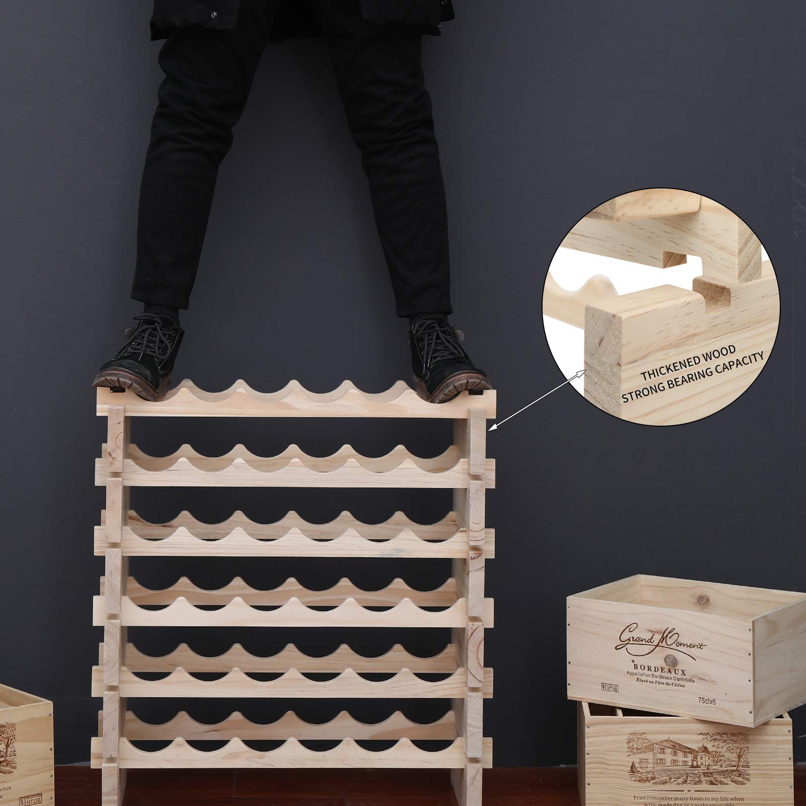 Solid Wood Stackable Wine Rack - Holds 60 Bottles - Natural Finish Wooden Wine Cabinet for Kitchen, Dining Room or Cellar Storage