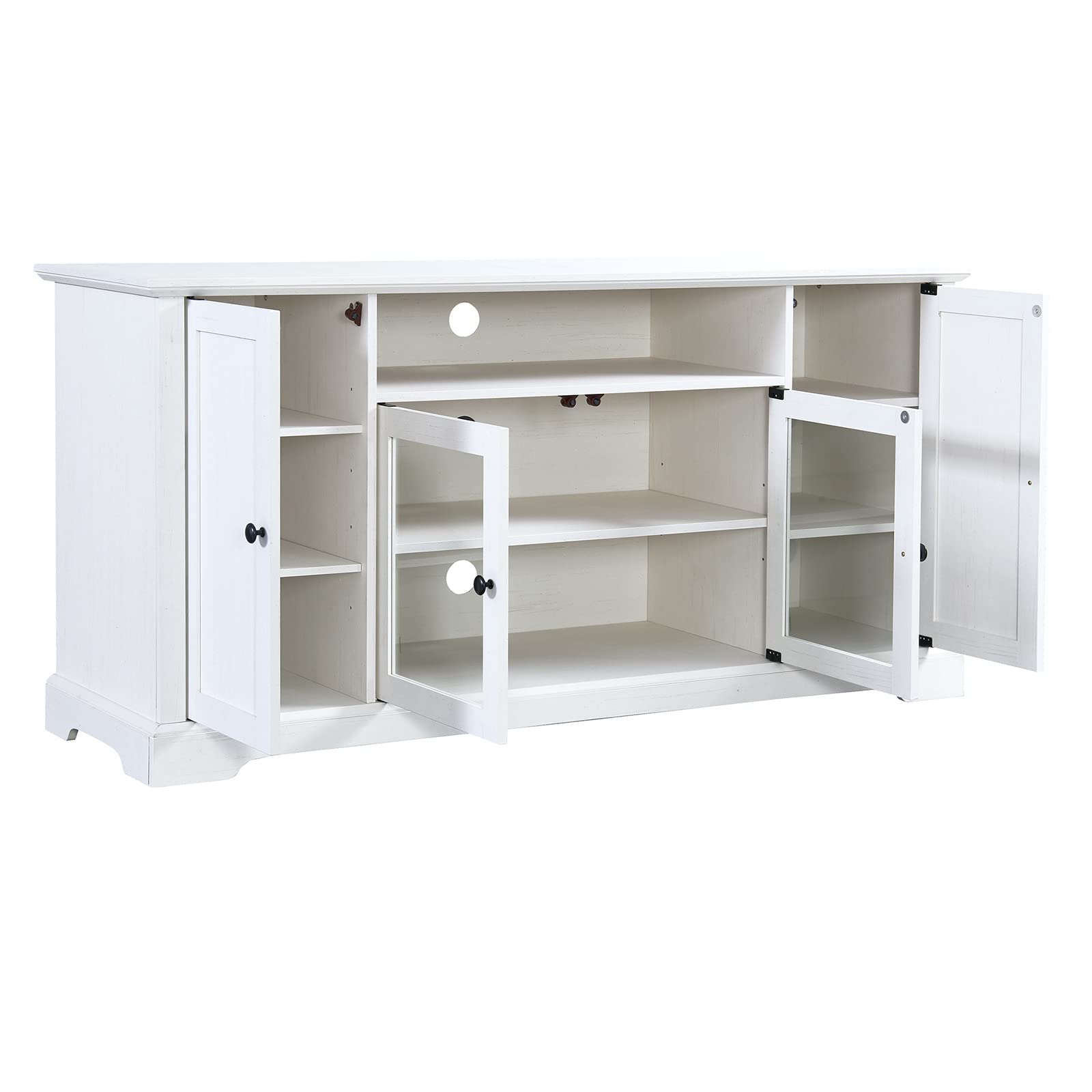 65 Inch TV Stand with 2 Tempered Glass Doors & Adjustable Shelves - Open Style Media Console with Cable Management Holes - Easy Assembly White Entertainment Center for Living Room - Perfect for Home Theater Setup & Modern Living Spaces