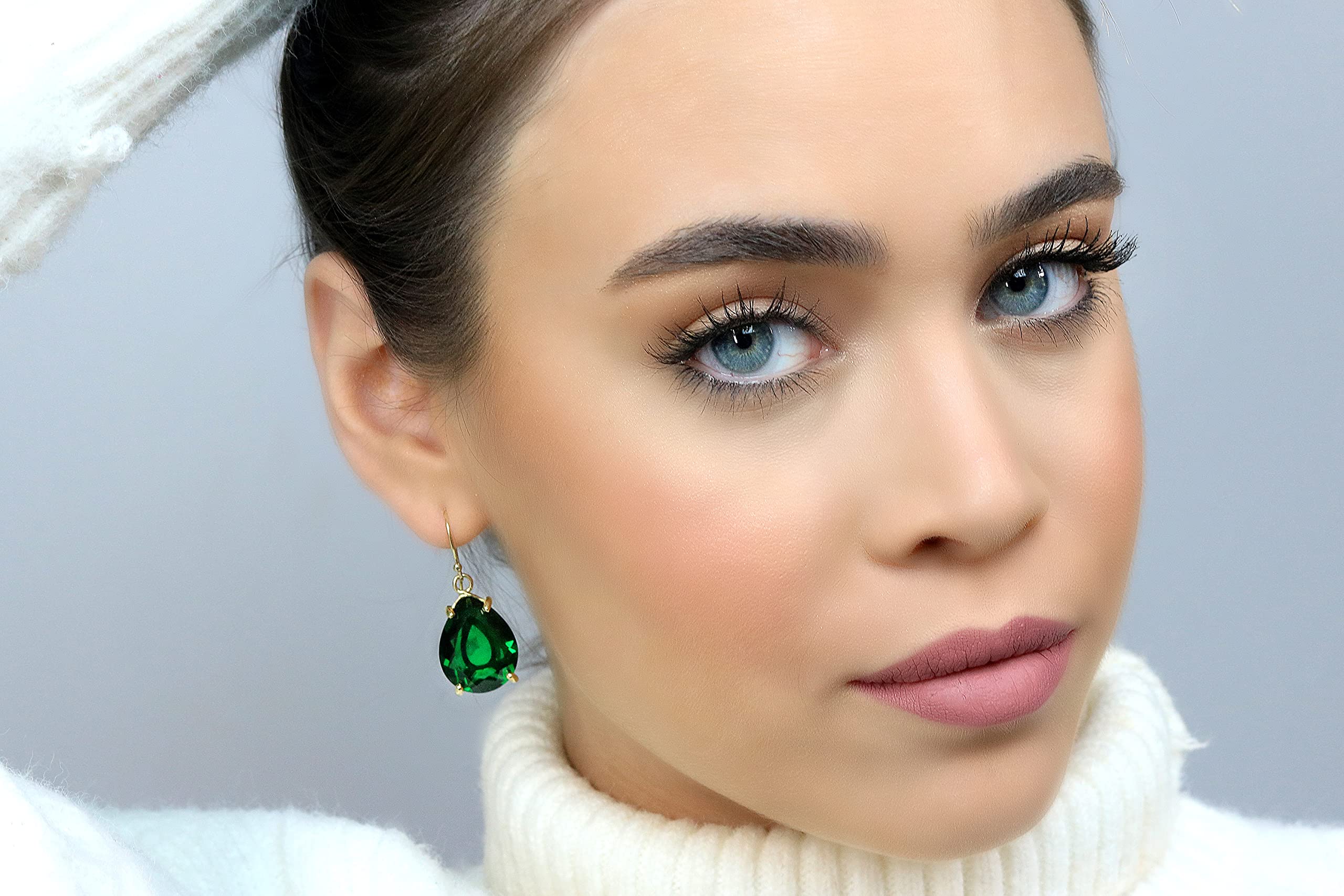 Emerald Pear Shaped Earrings for Women - Handmade May Birthstone Jewelry - Artisan Statement Fashion Earrings - Perfect Gift with Fancy Box for Birthday, Anniversary & Special Occasions