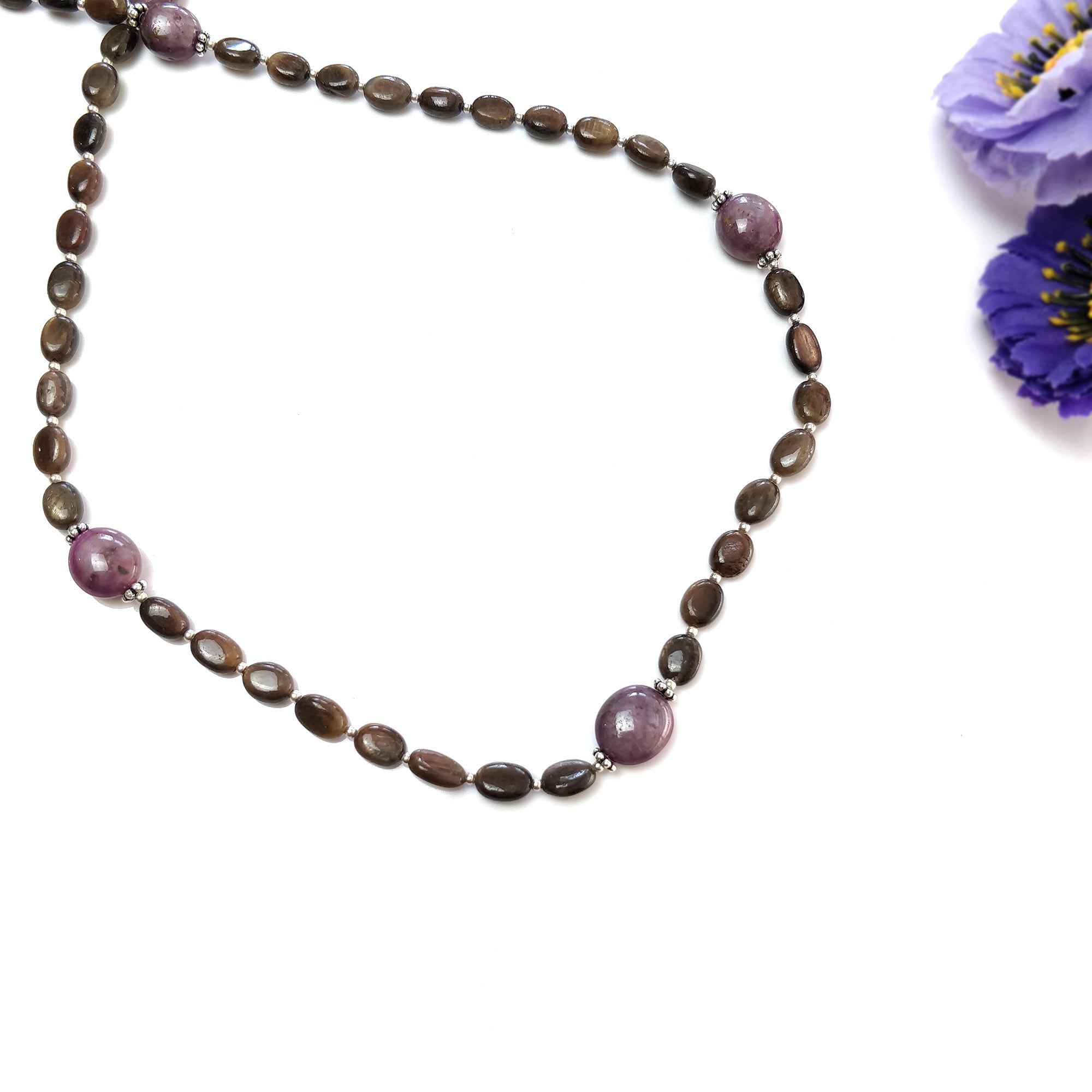 Natural Untreated Chocolate Sapphire & Star Ruby Gemstone Necklace - 111.25cts Oval Cut with 925 Sterling Silver (6*5mm & 11*10mm) | Elegant Jewelry Gift for Women, Birthday, Anniversary & Special Occasions