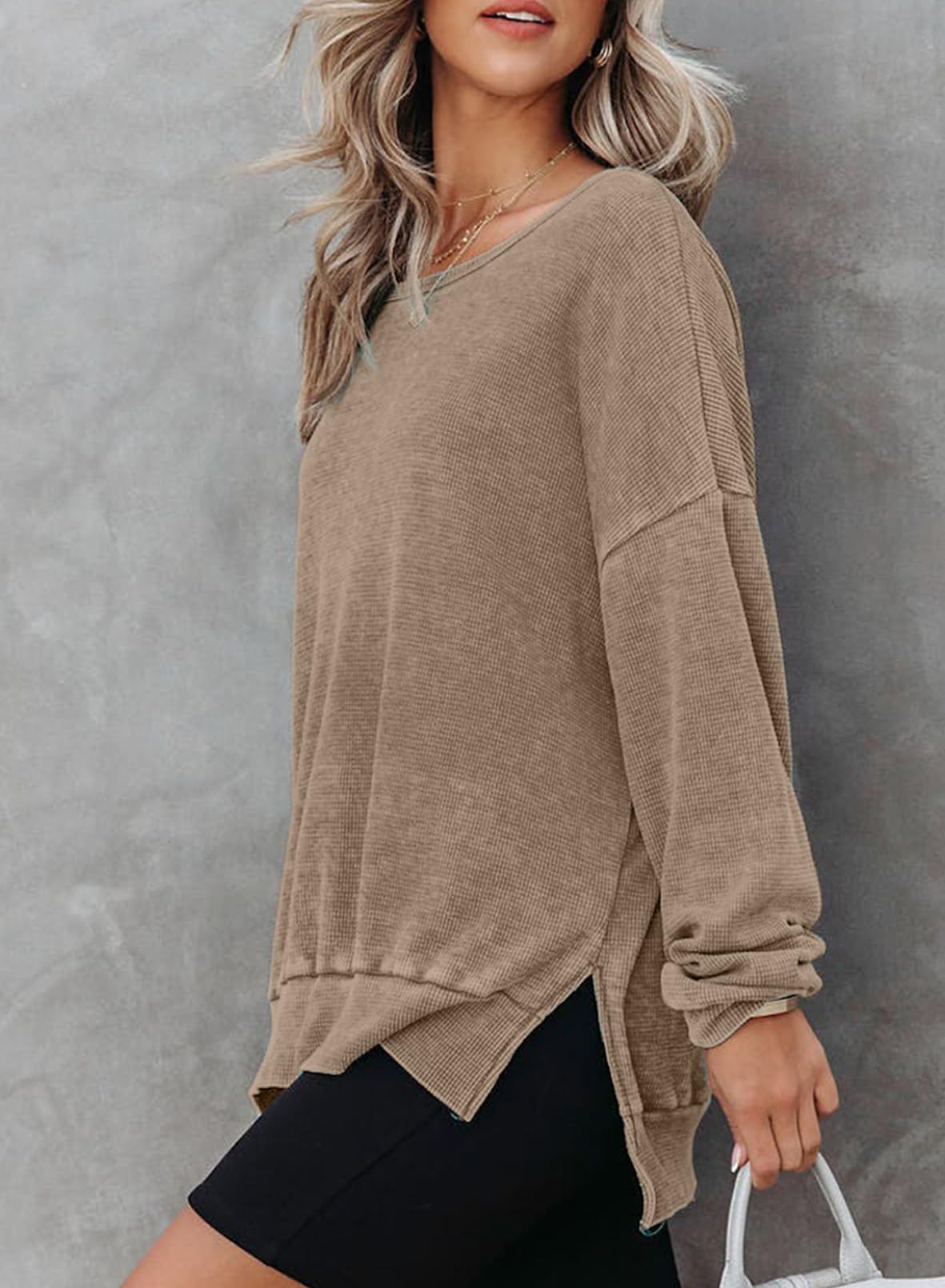 Women's Oversized Waffle Knit Sweatshirt - Long Sleeve Crewneck Pullover with Side Slits | Casual Loungewear & Fall Fashion for Everyday Wear