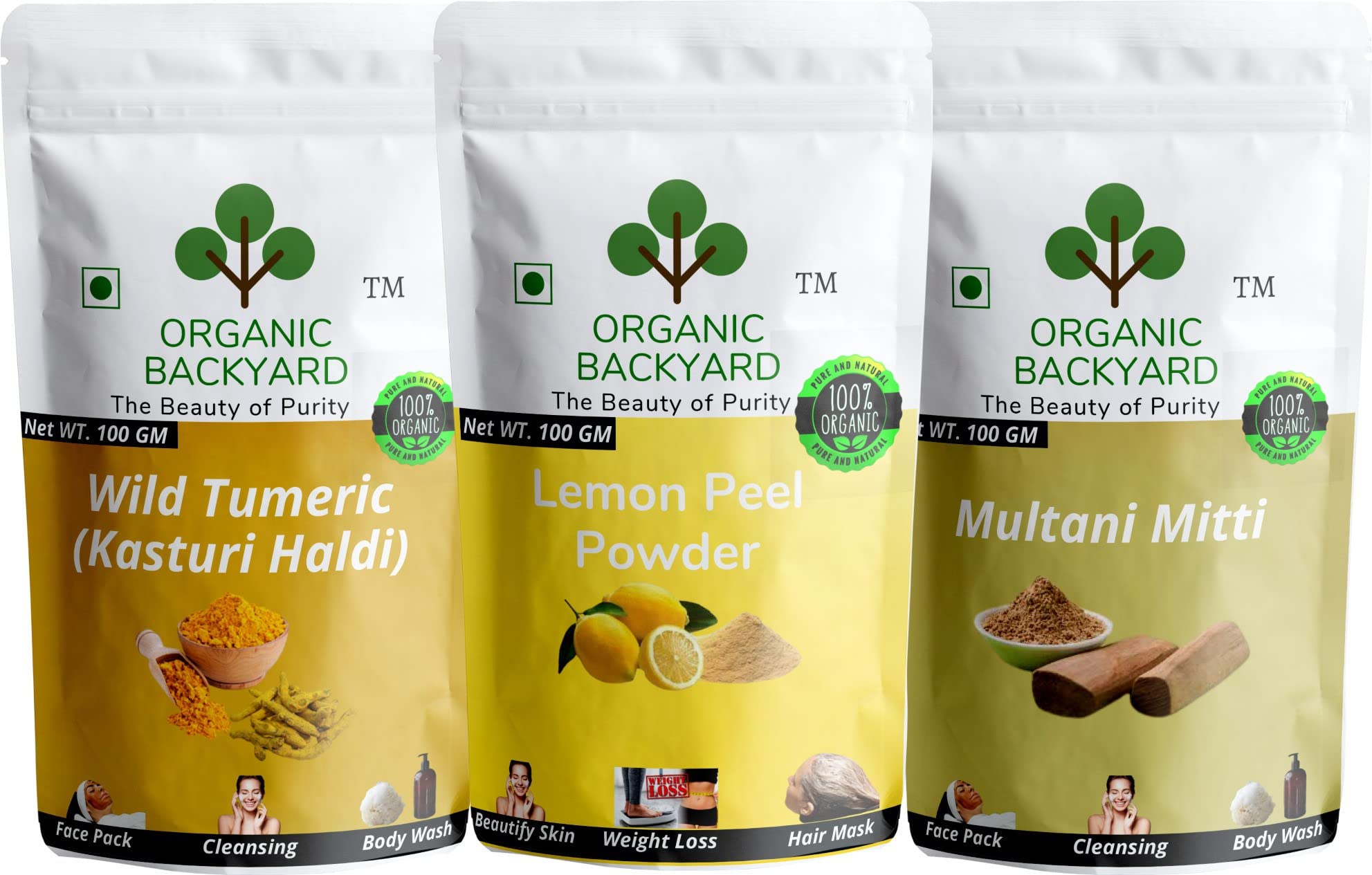 Organic Wild Turmeric (Kasturi Haldi) & Multani Mitti Clay with Lemon Peel Powder Combo - 100% Natural Face Care Treatment for Glowing Skin - 100g Each - Perfect for DIY Face Masks, Brightening & Acne Control