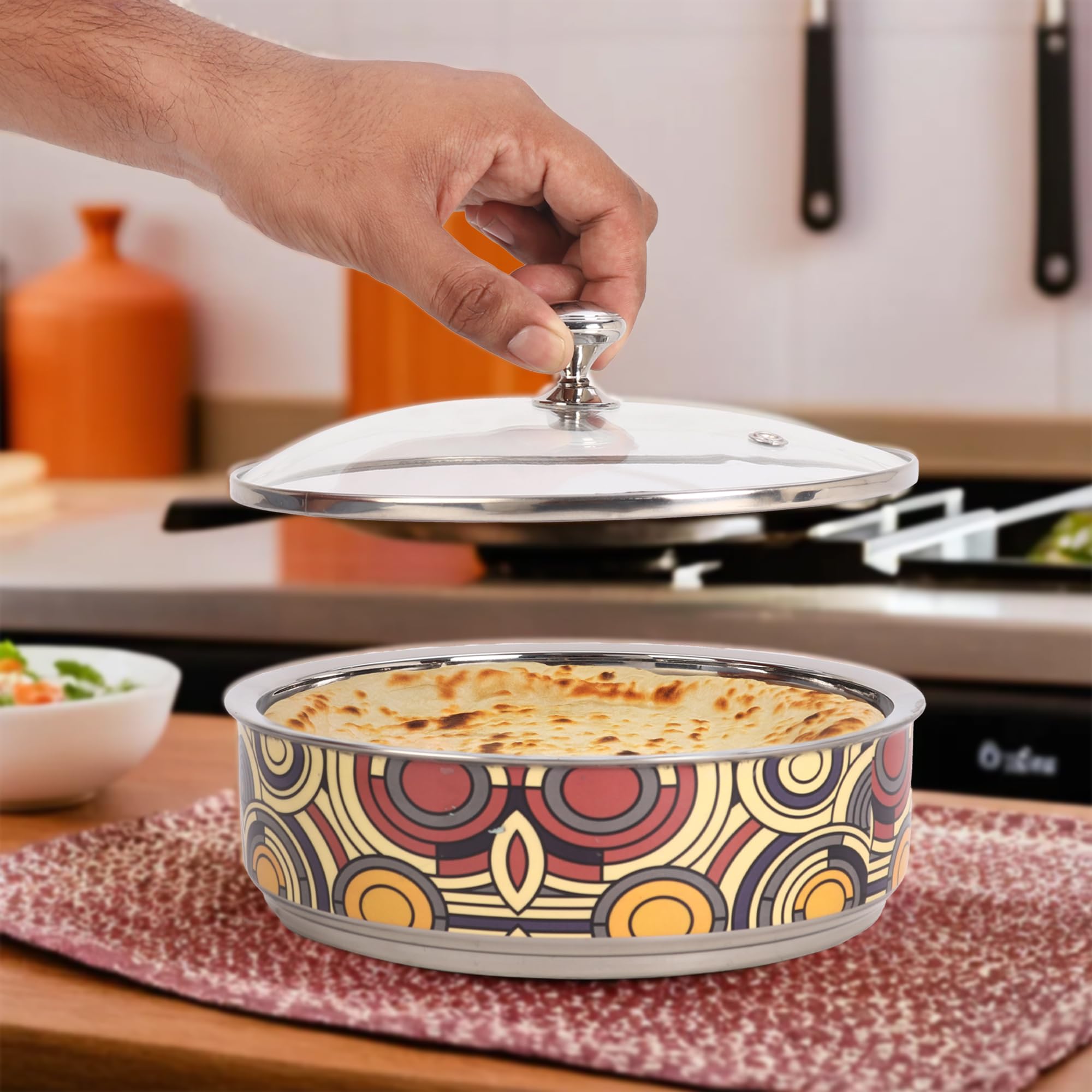 USHA SHRIRAM 1500ml Insulated Stainless Steel Roti Casserole - Hot Chapati Storage Box for Kitchen, Curry Serving Bowl Set - Perfect for Meal Prep, Picnics & Indian Food Presentation (Print 3)