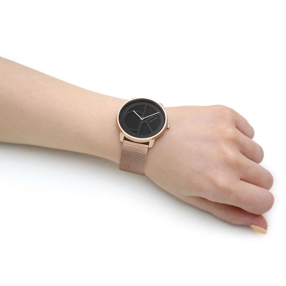 Calvin Klein Iconic Black Dial Rose Gold Milanese Strap Unisex Watch 25200029 | Luxury Fashion Timepiece for Men & Women | Perfect for Office, Date Night & Special Occasions