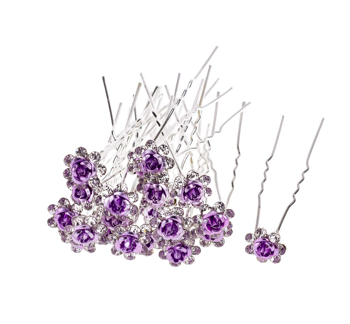 AKOAK 20-Piece Set Purple Crystal Rhinestone Rose Flower Hair Clips - Elegant Bridal Wedding Hair Accessories for Women, Barrettes & Headwear (Perfect for Bridal Showers, Weddings & Special Occasions)