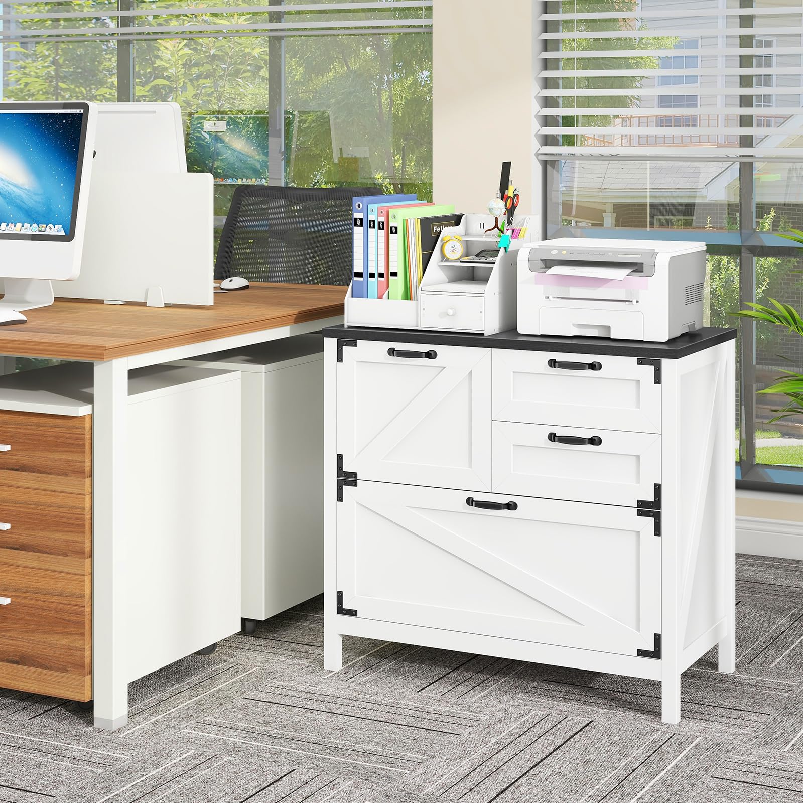 4-Drawer Farmhouse Lateral File Cabinet for Letter/Legal/A4 Files - Wooden Office Storage Cabinet with Hanging File System, Printer Stand for Home & Office (White/Black) - Perfect for Document Organization & Workspace Storage
