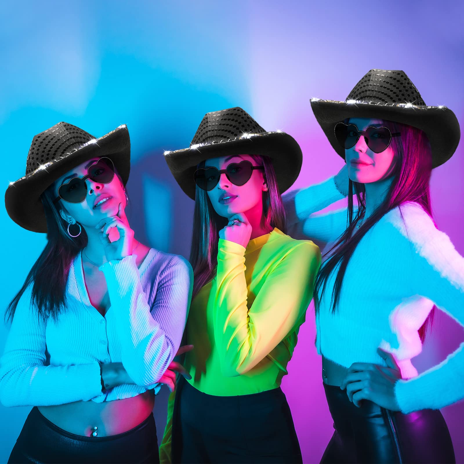 **Zhanmai 6-Pack LED Light Up Cowboy Hat with Glitter & Sequin - Space Cowgirl Hat for Women & Men - Perfect for Halloween, Cosplay, Rodeo & Western Parties**