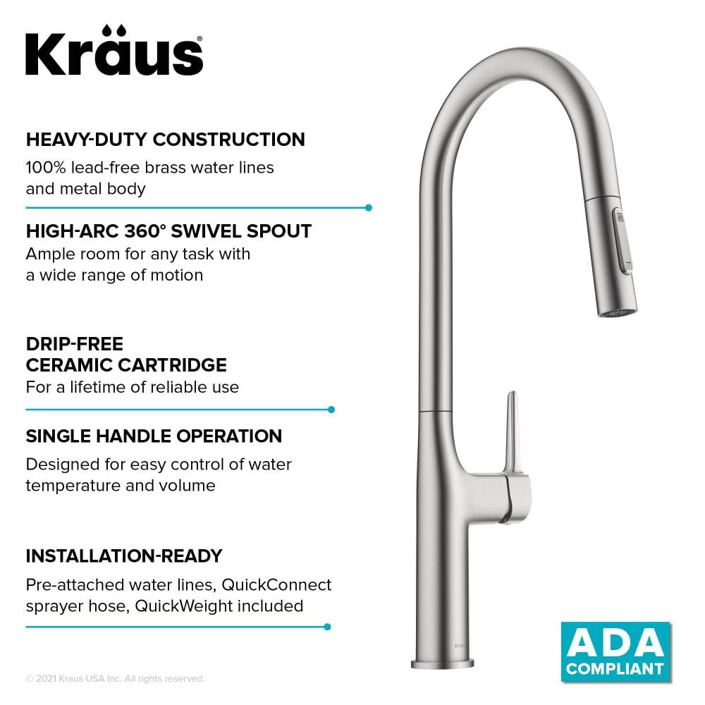 KRAUS Oletto Tall Modern Pull-Down Single Handle Kitchen Faucet - Spot Free Stainless Steel (KPF-3101SFS) | High Arc Design for Deep Sinks, Perfect for Washing Large Pots & Vegetables