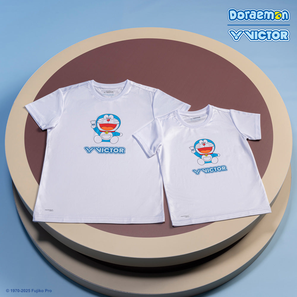 Victor x Doraemon Unisex Graphic T-Shirt - Anime Cartoon Cotton Tee for Men & Women - Casual Streetwear Fashion (White) | Perfect for Cosplay, Anime Conventions & Everyday Wear