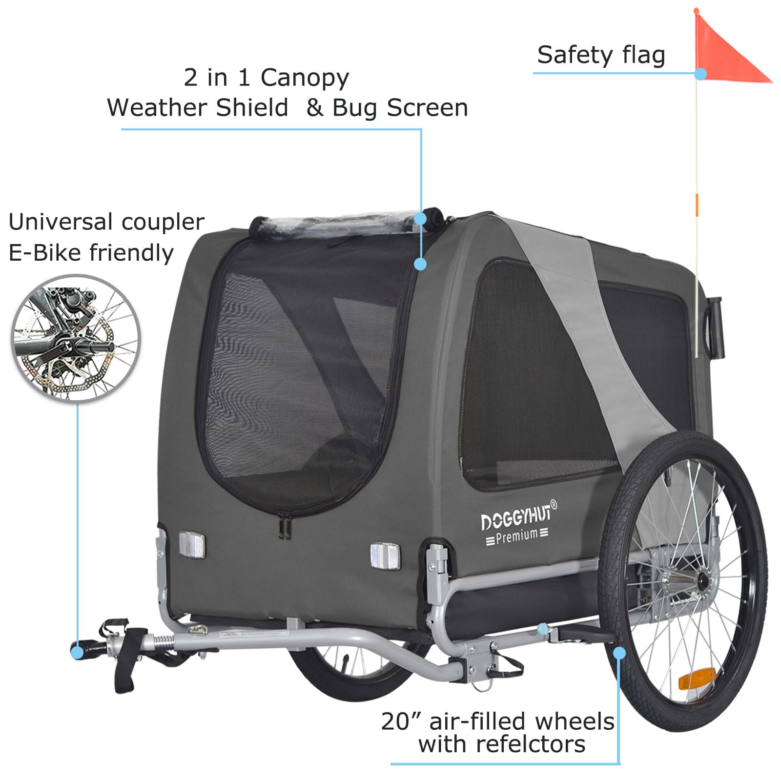 DOGGYHUT® Premium Large/XL Pet Bike Trailer & Stroller for Big Dogs - Heavy Duty Bicycle Carrier with Low Center Gravity, Parking Brakes & Easy Fold Frame - Perfect for Cycling, Jogging and Outdoor Adventures with Your Dog