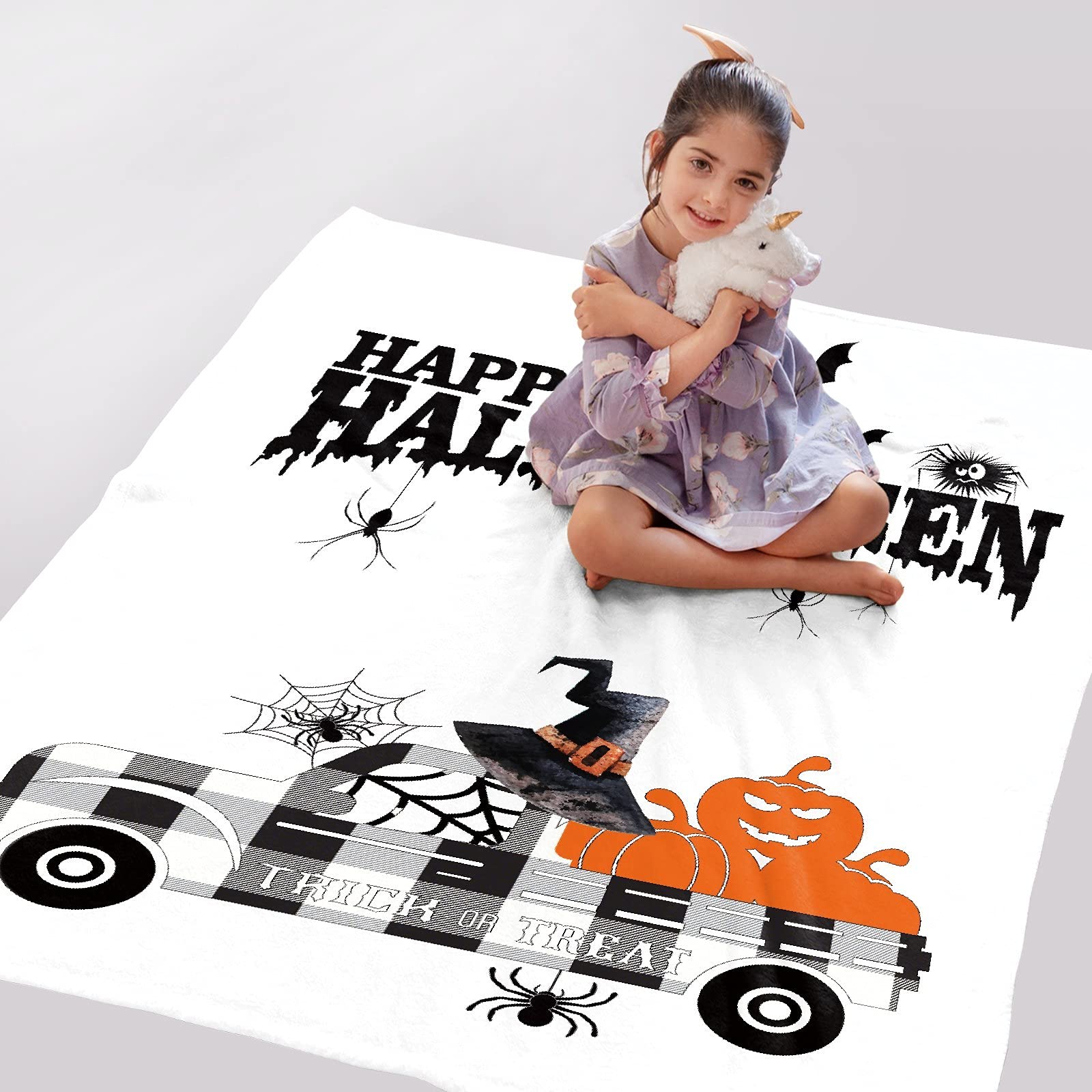 **Halloween Pumpkin Scarecrow Truck Throw Blanket - Soft Flannel Fleece Velvet Plush, Cozy Warm Fuzzy Blanket for Couch, Bed, Sofa - Anti-Pilling Family Size 90