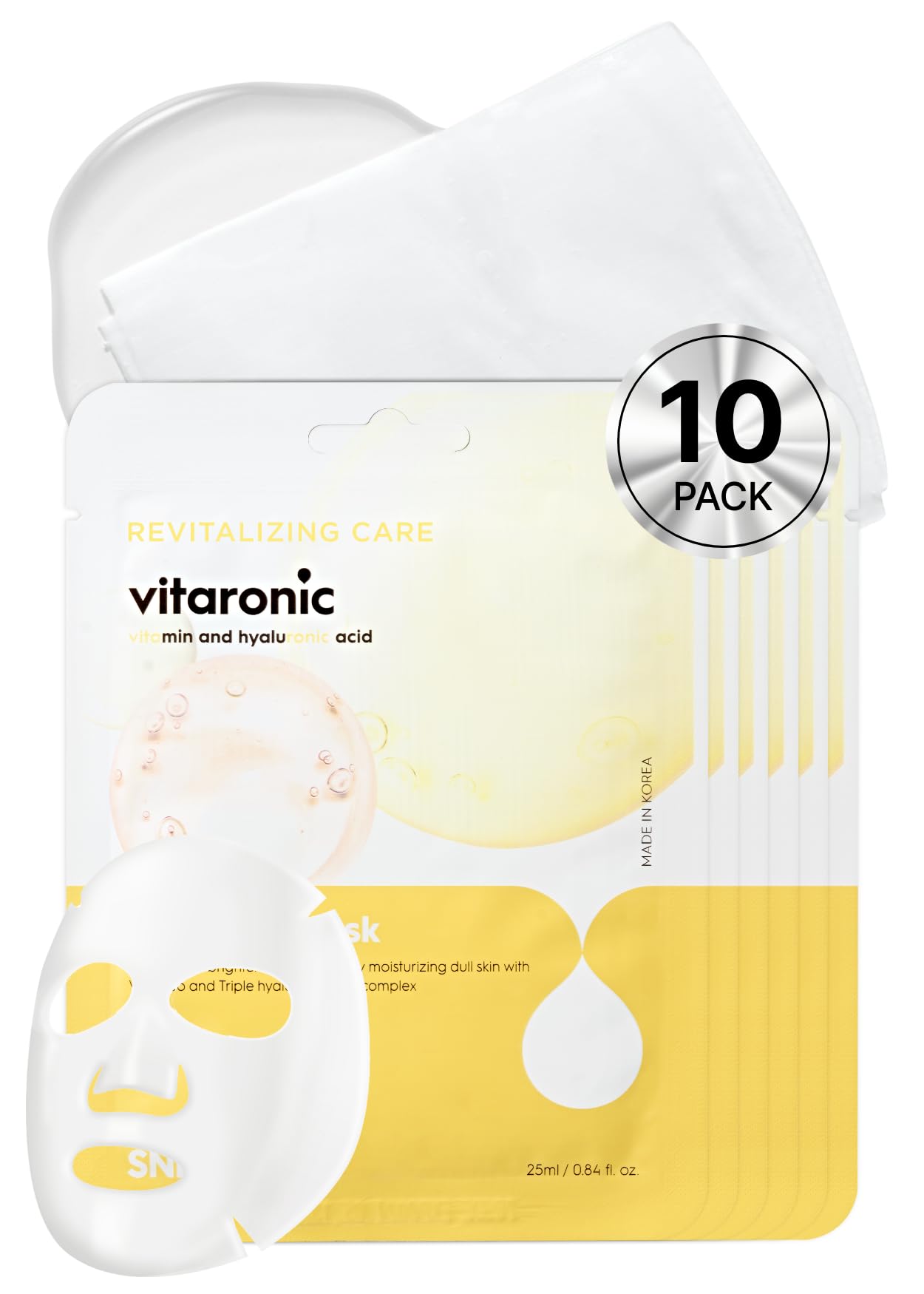 SNP Vitaronic Ampoule Sheet Mask - Vitamin B, C, D & E Infused Korean Face Mask for Hydration & Brightening | All Skin Types | 10-Pack | Perfect for Daily Skincare Routine, Spa Night & Travel Essentials