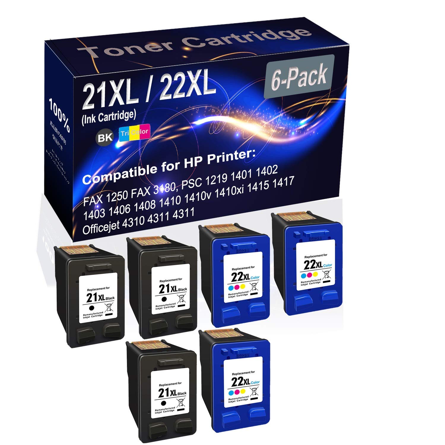 6-Pack (3 Black + 3 Tri-Color) High Yield Remanufactured Ink Cartridge - Compatible with HP 21XL/21 XL/22XL/22 XL - Works with HP DeskJet D1320/D1330/D1341/D1360/D1368/D1400 Printers - Perfect for Home & Office Printing Needs
