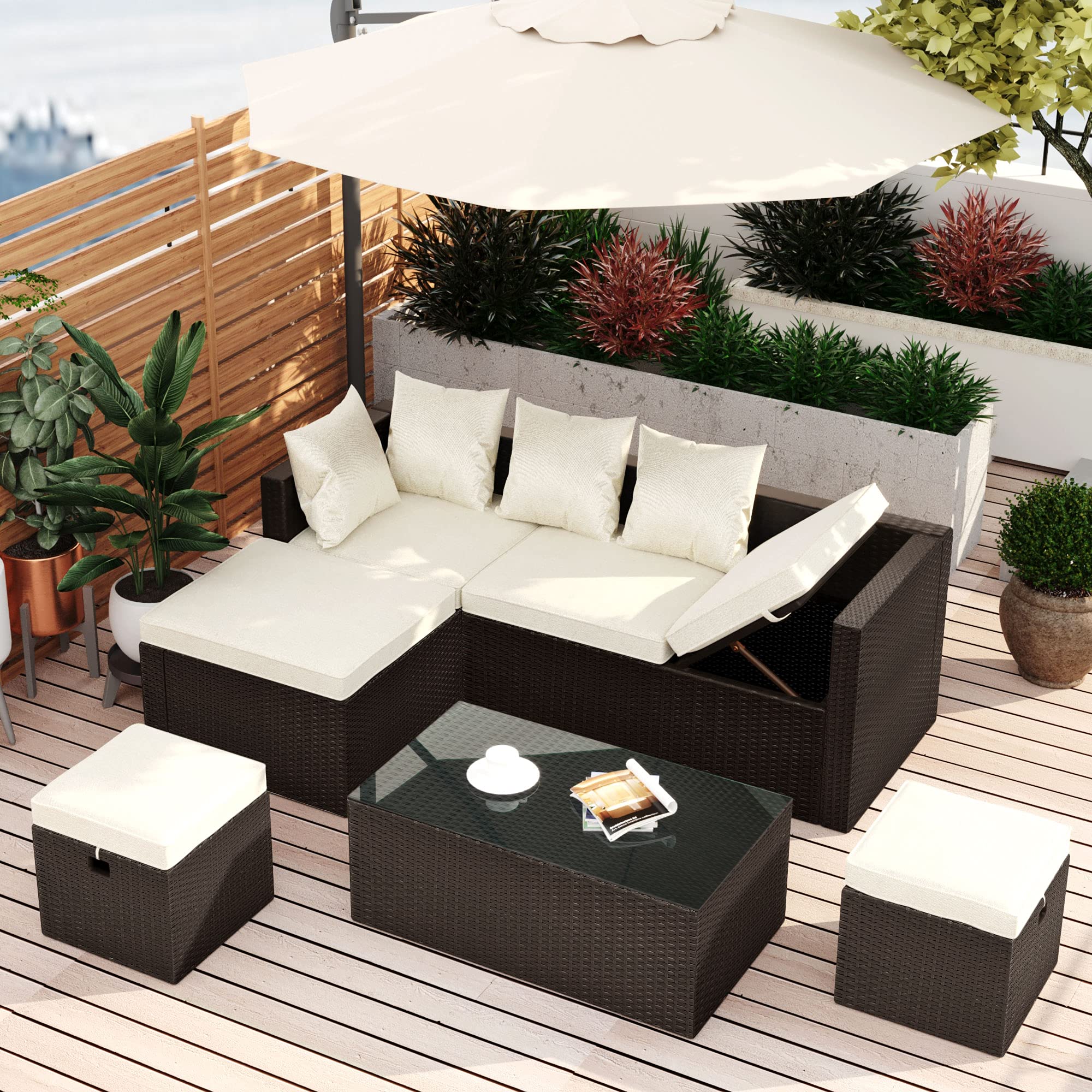 5-Piece Outdoor Rattan Patio Furniture Set with Comfortable Cushions & Glass Table - Brown Wicker & Beige Cushion (48.8