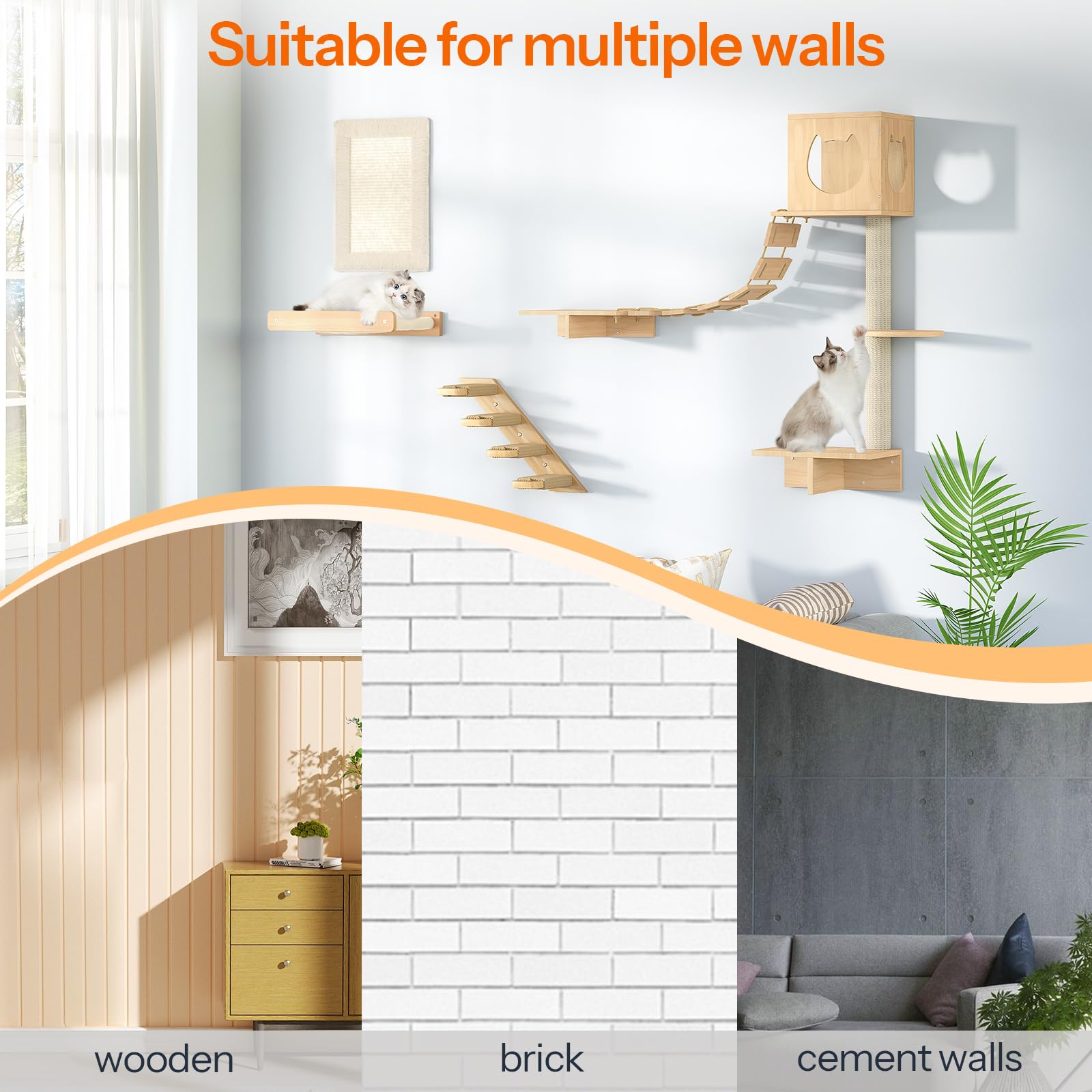 HOOBRO 5-Piece Wooden Cat Wall Shelves Set - Cat Climbing Furniture, Corridor, House, Plush Hammock & Scratching Board - Durable Natural Wood for Indoor Cat Play (Model NL45CS03) | Perfect for Small Spaces, Cat Exercise & Wall Decor